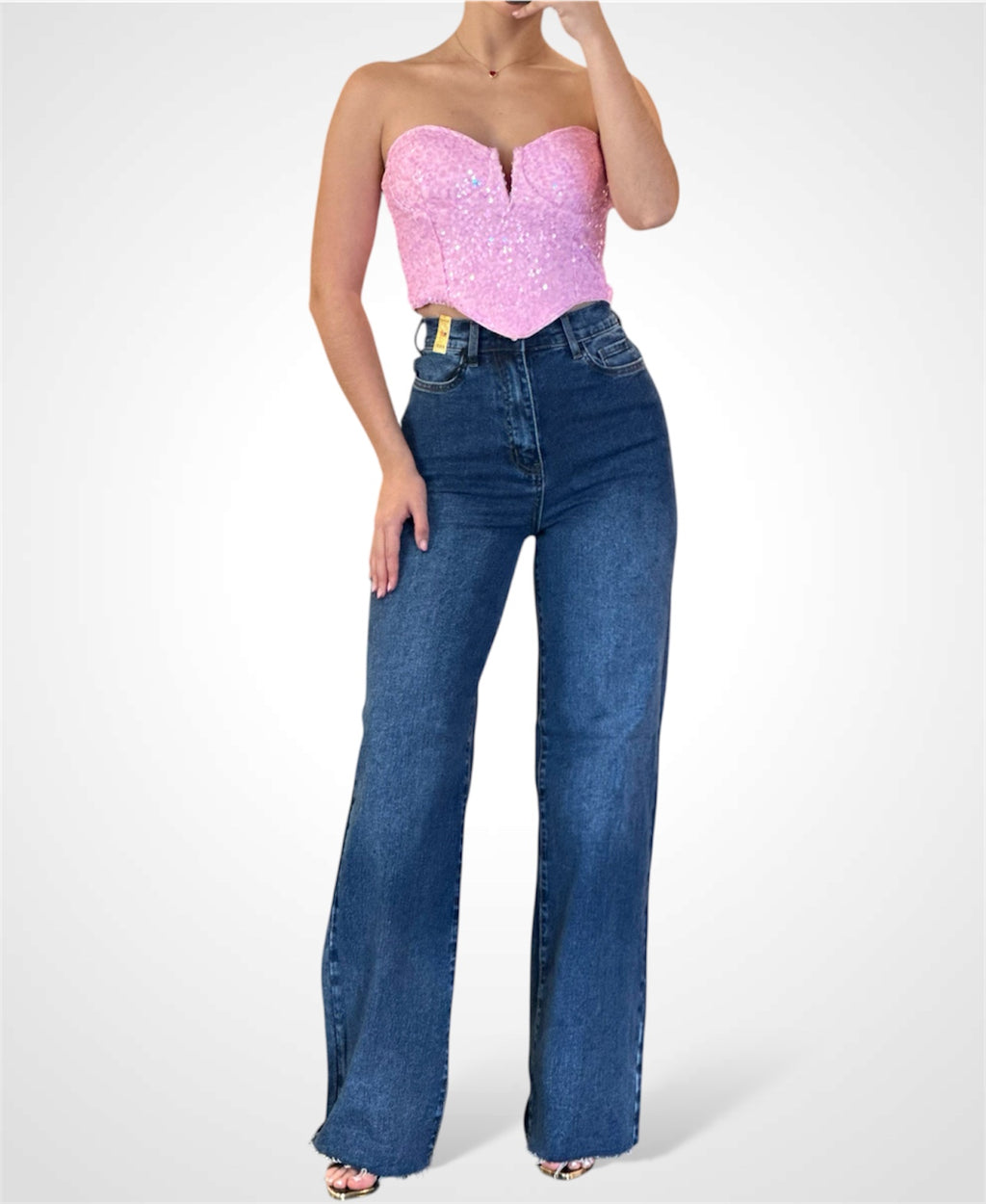 WOMENS SLEEVELESS V-NECK SEQUINS TUBE CROP TOP (Pink)