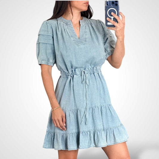 Stitched Neck Band With Tuck Detailed Denim Dress
