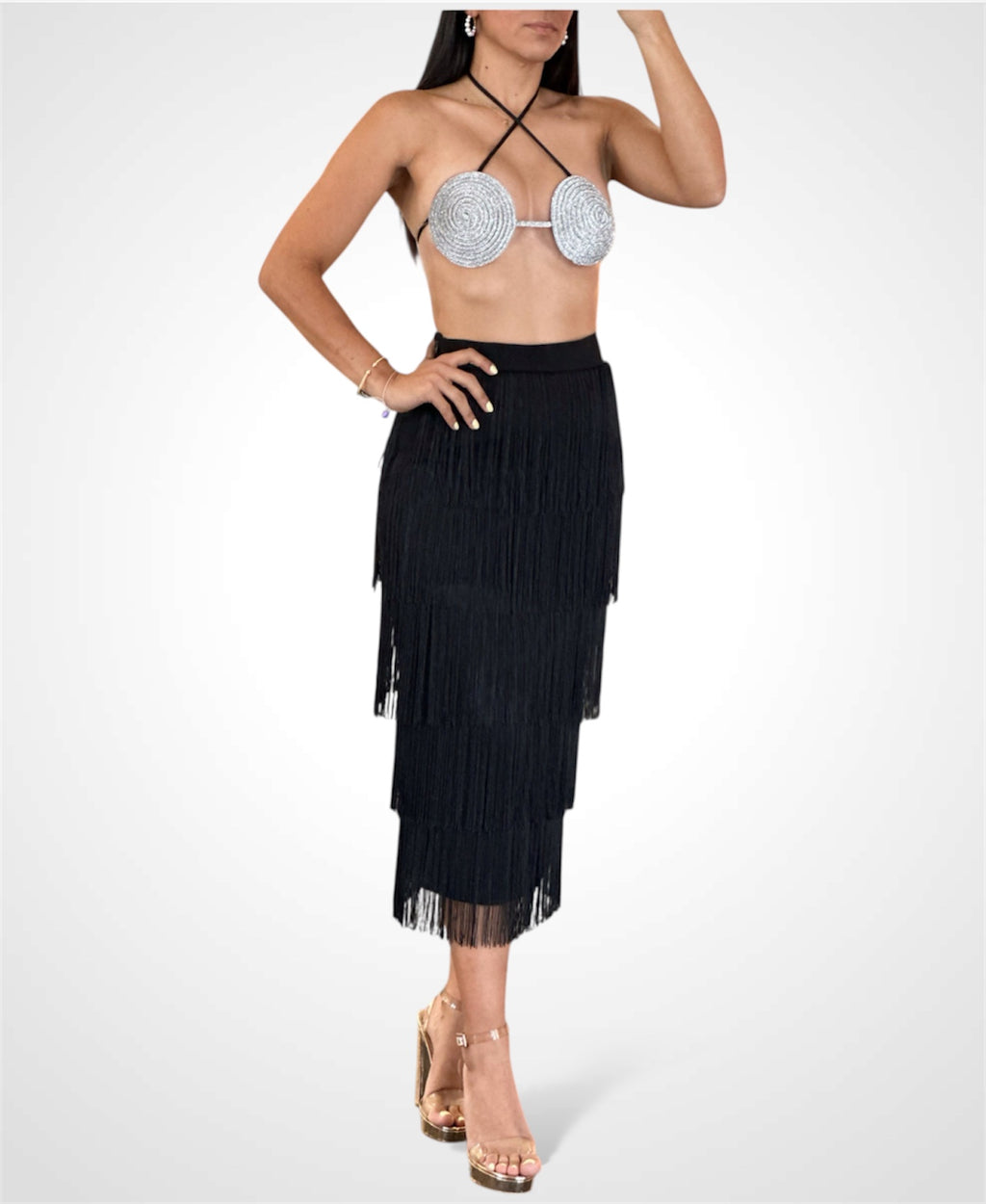 Fringes Black Midi Skirt