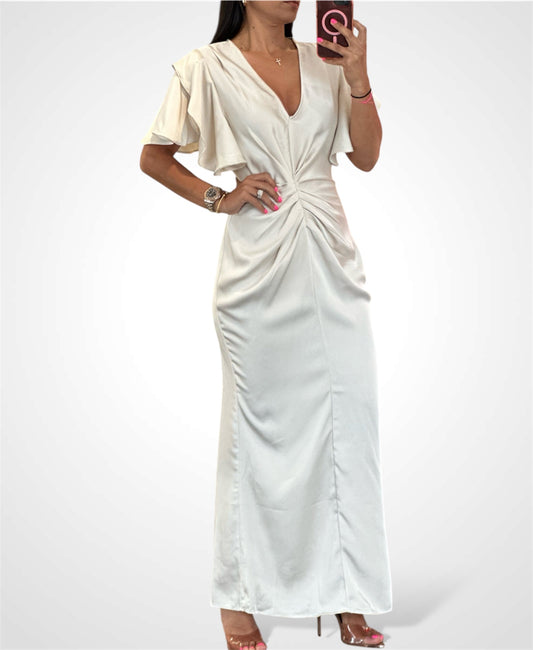 RUCHED WAIST V NECK SATIN MIDI DRESS