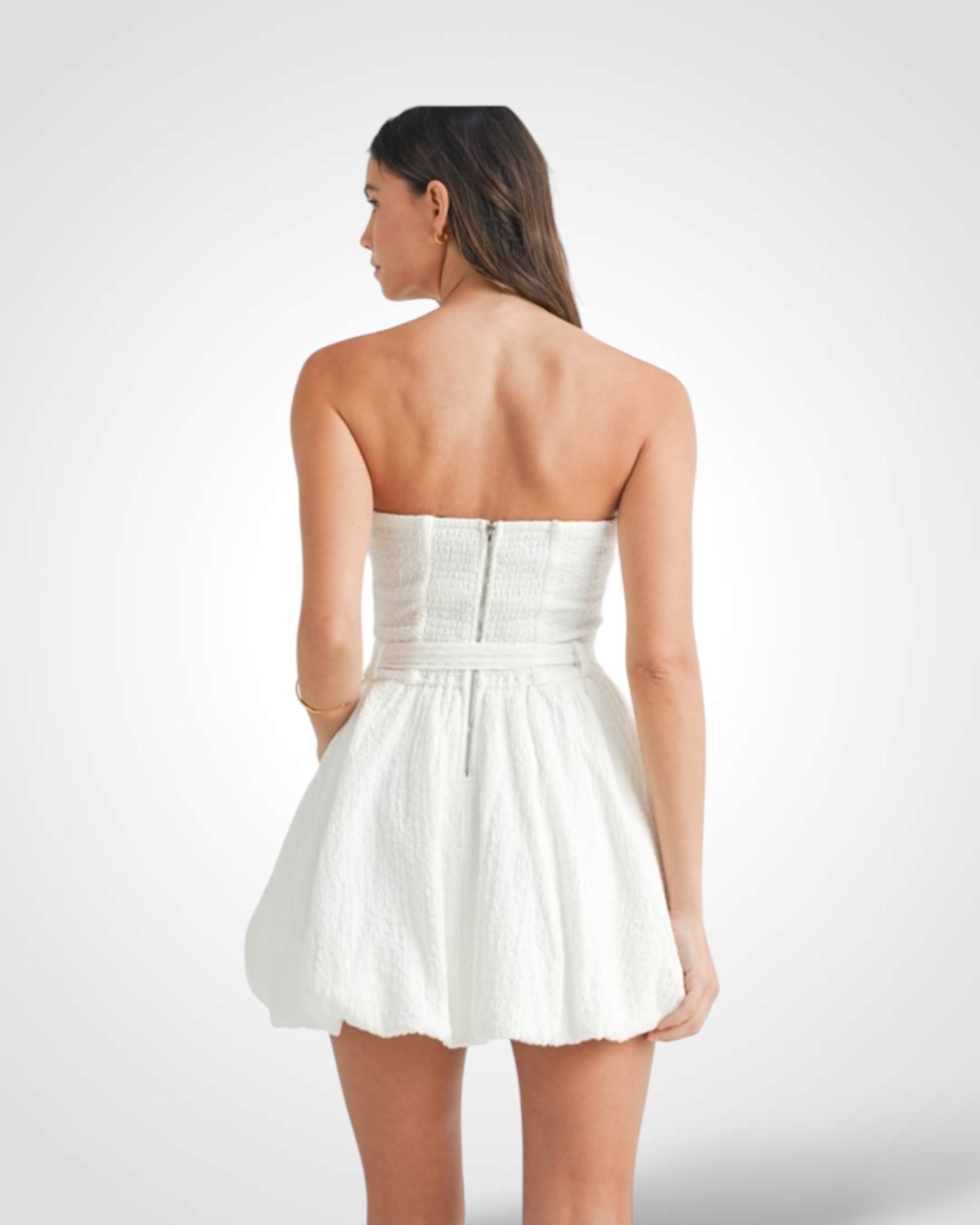 OFF WHITE TEXTURED KNIT BUBBLE HEM MINI DRESS