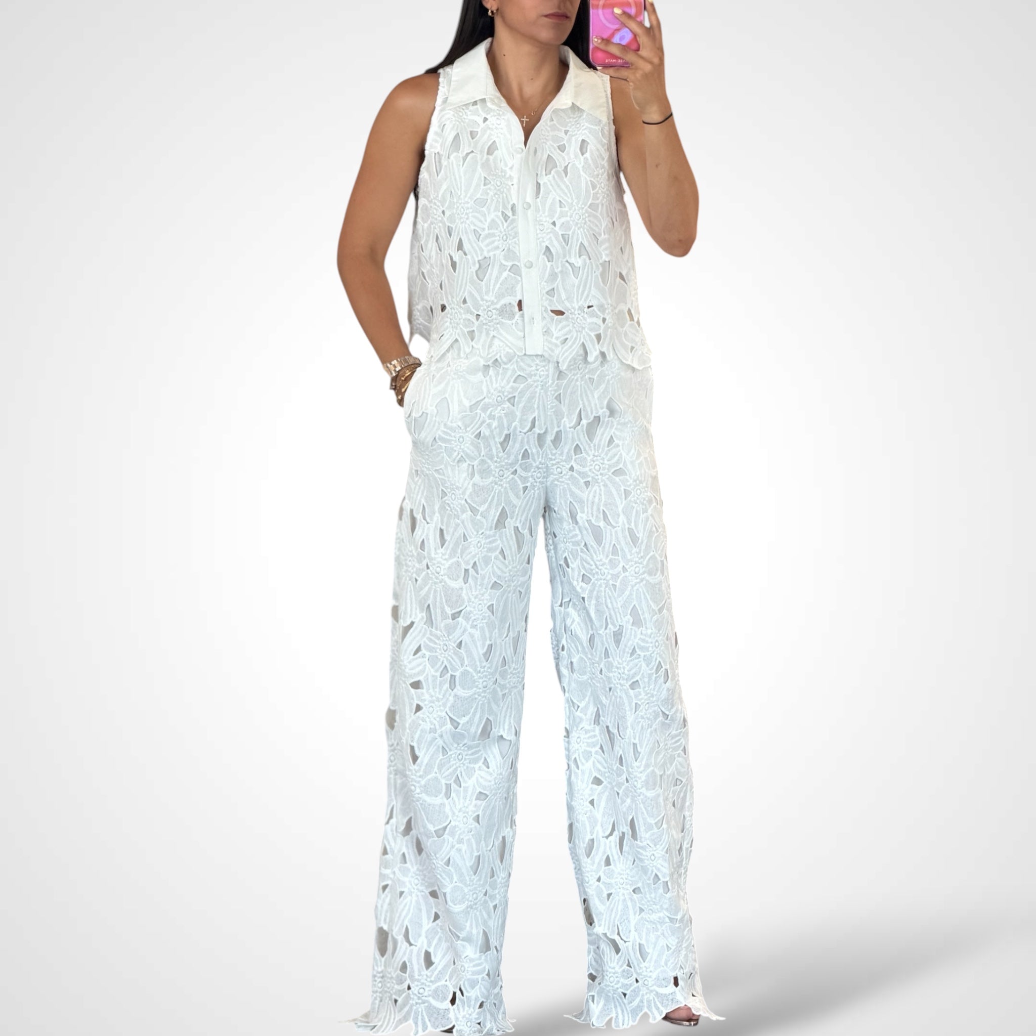 OFF WHITE CROCHET LACE BUTTON DOWN TOP W/PANTS SET-1