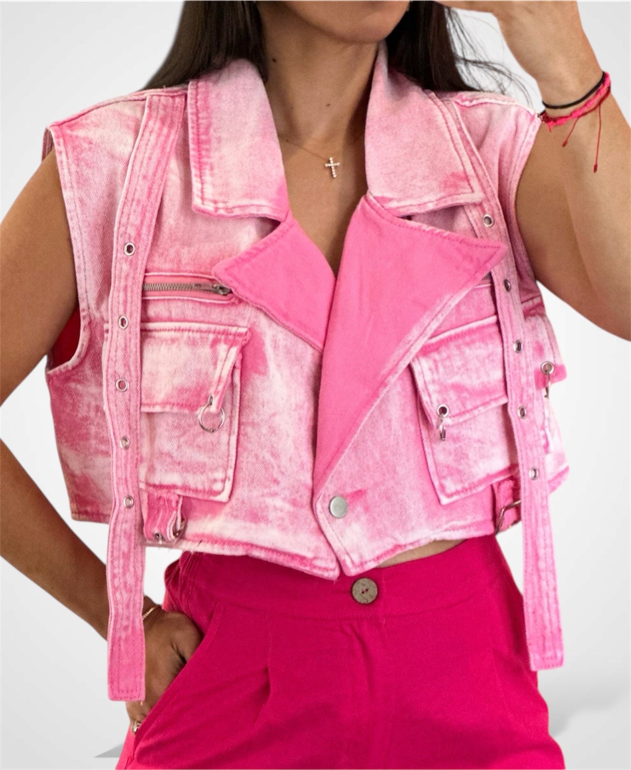 PINK DENIM VEST TOP•-1