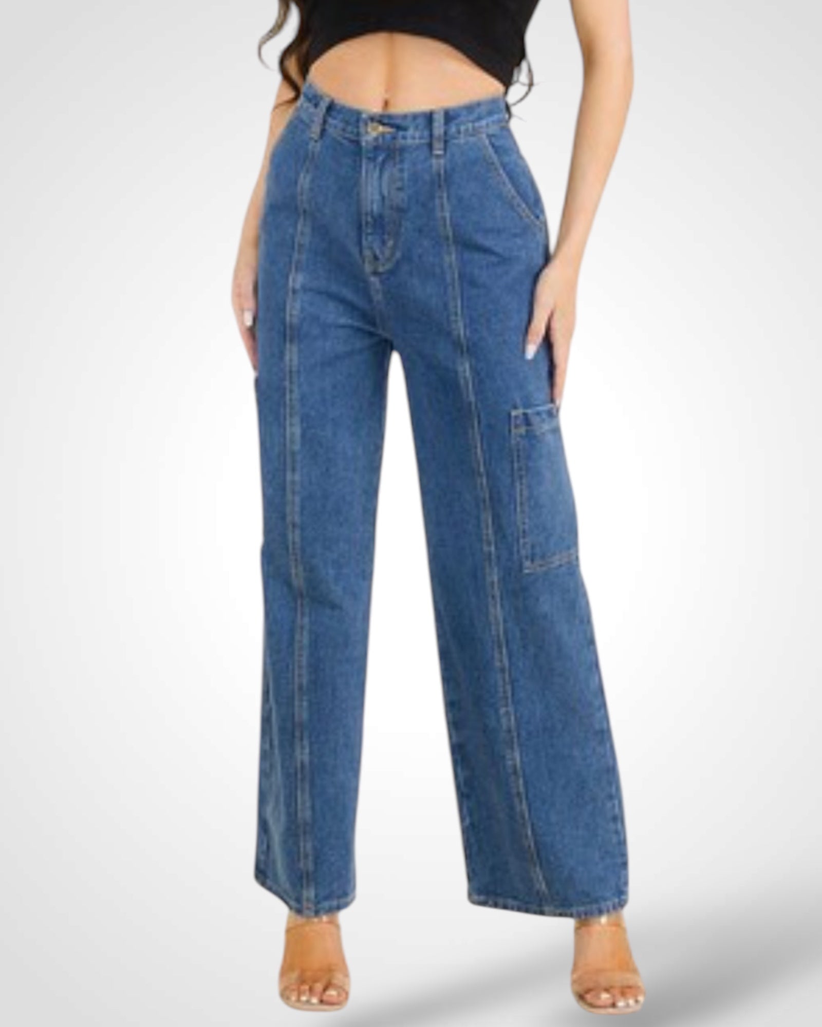 BUTTON CLOSURE CARGO POCKETS WIDE LEG DENIM PANTS•