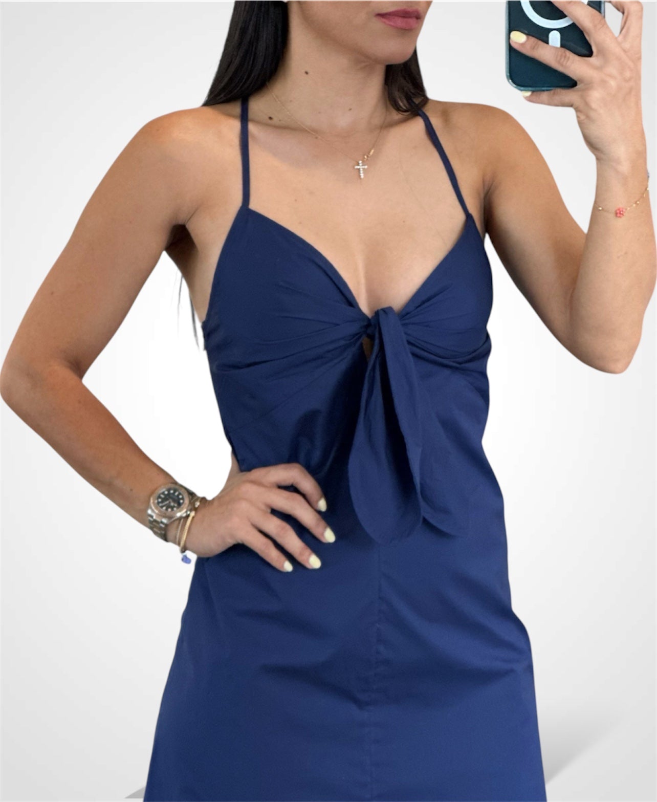 Navy Tie Front Midi Dress