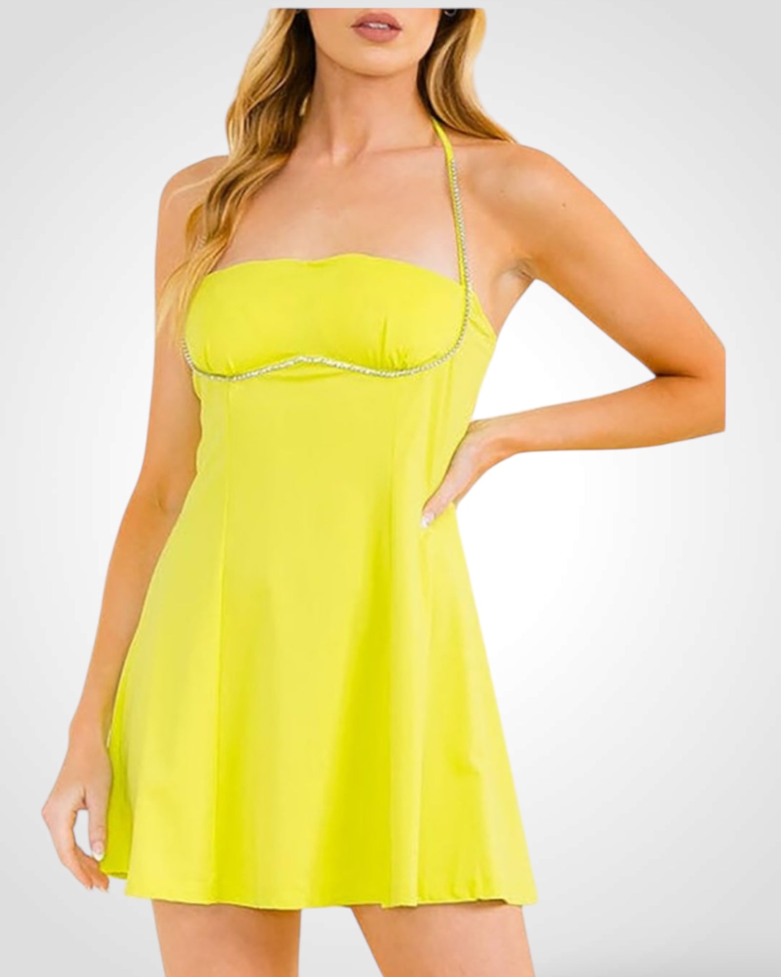 LIME SOLID STUDS DETIL OPEN BACK FLARE DRESS-1