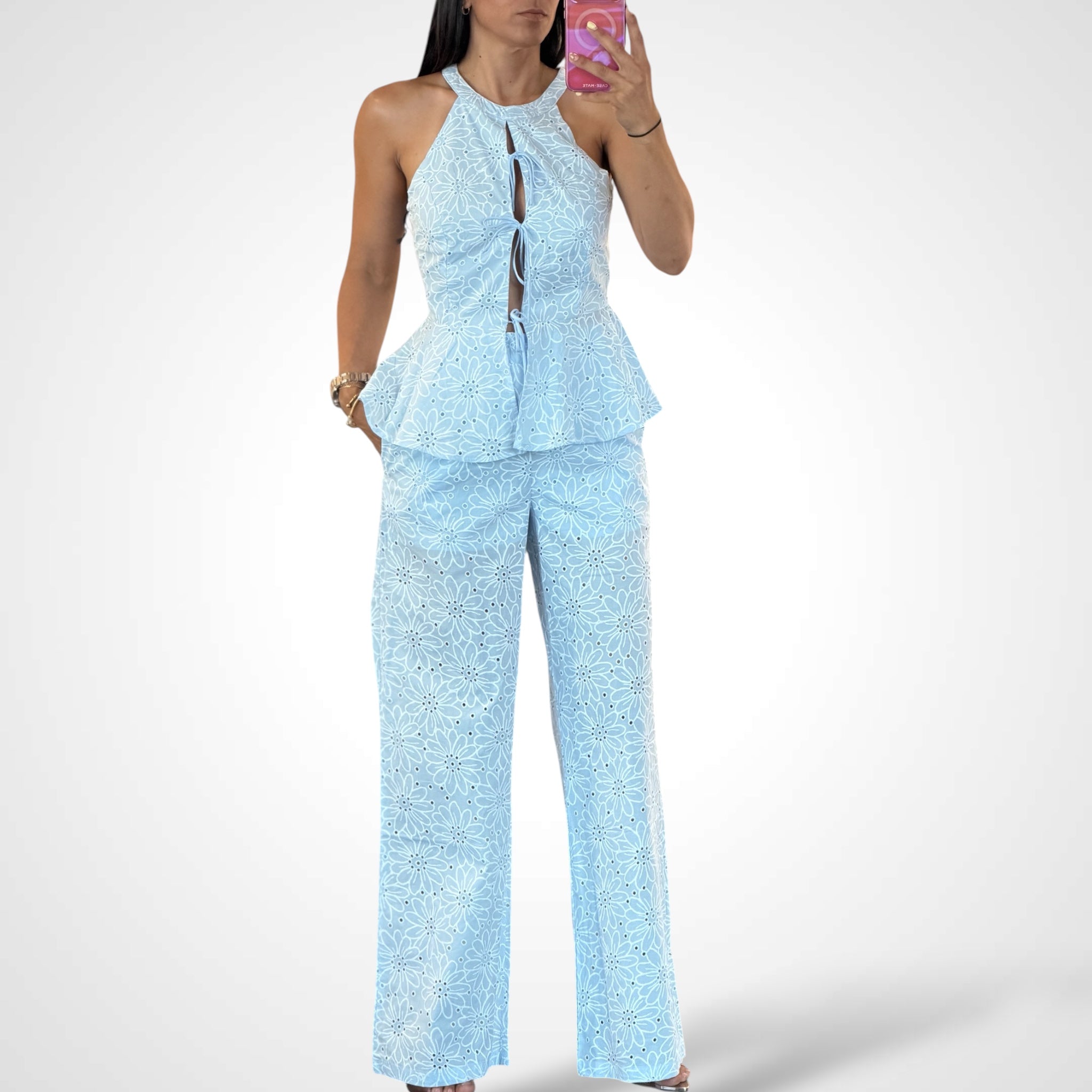 HALTER NECK TIE FRONT PEPLUM TOP W/PANTS SET-1