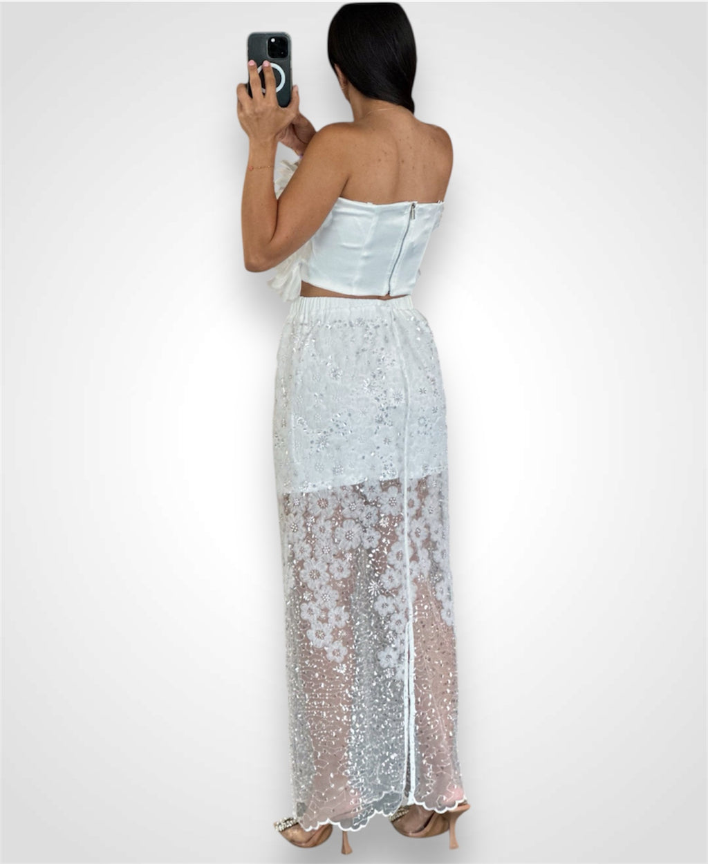 Mesh Pearls Sequins Skirt