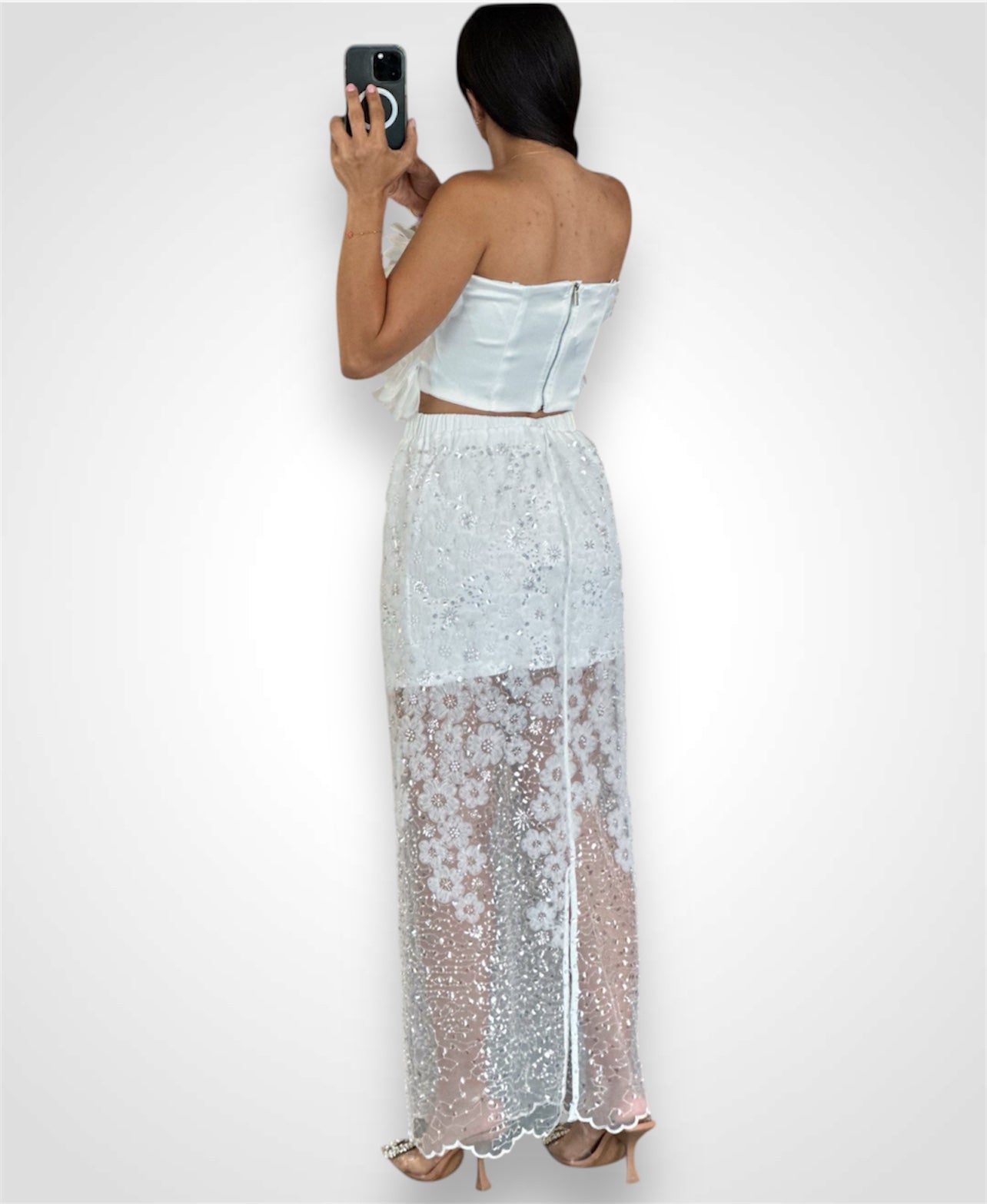 Mesh Pearls Sequins Skirt