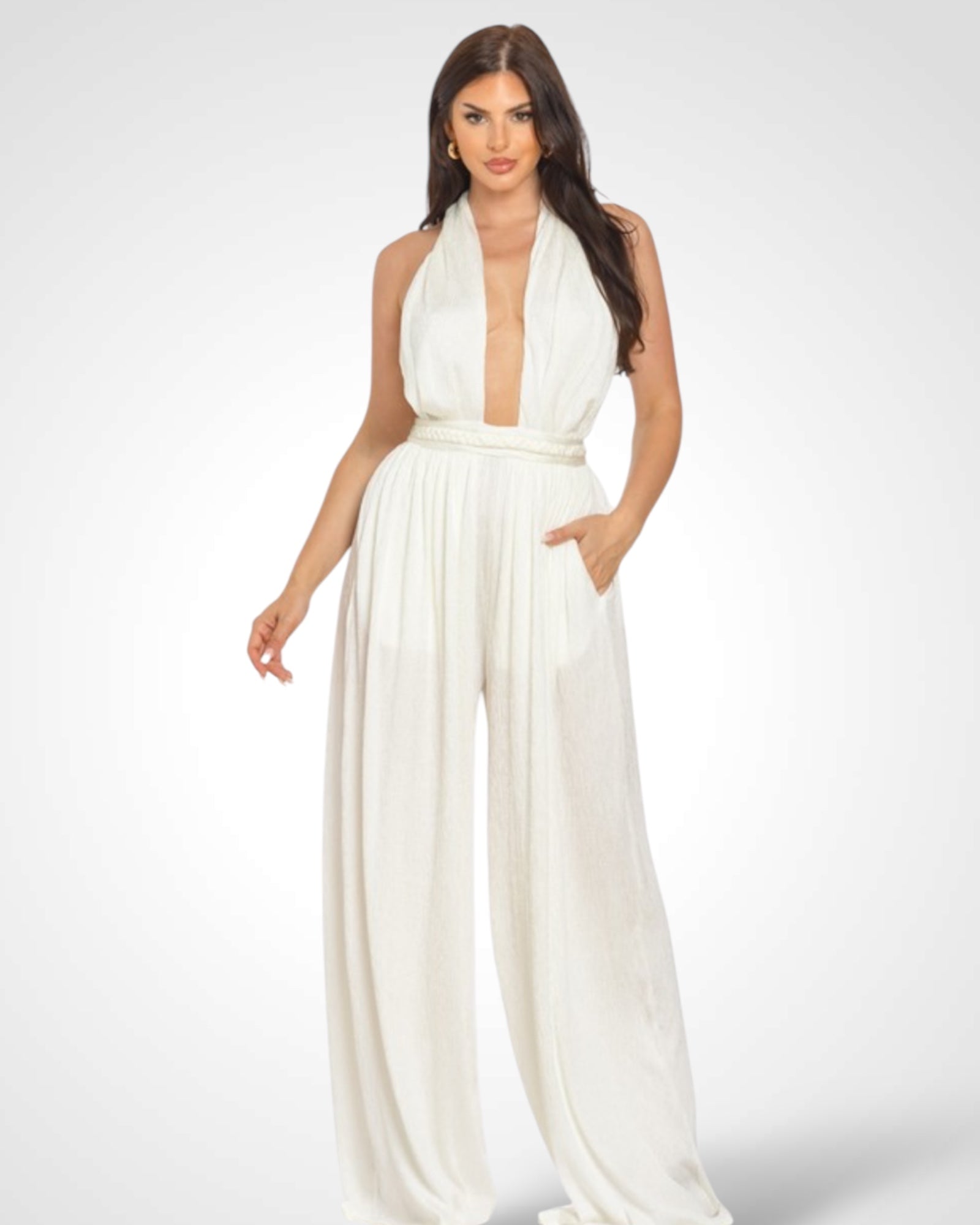 DEEP V HALTER NECK LACE-UP JUMPSUIT•