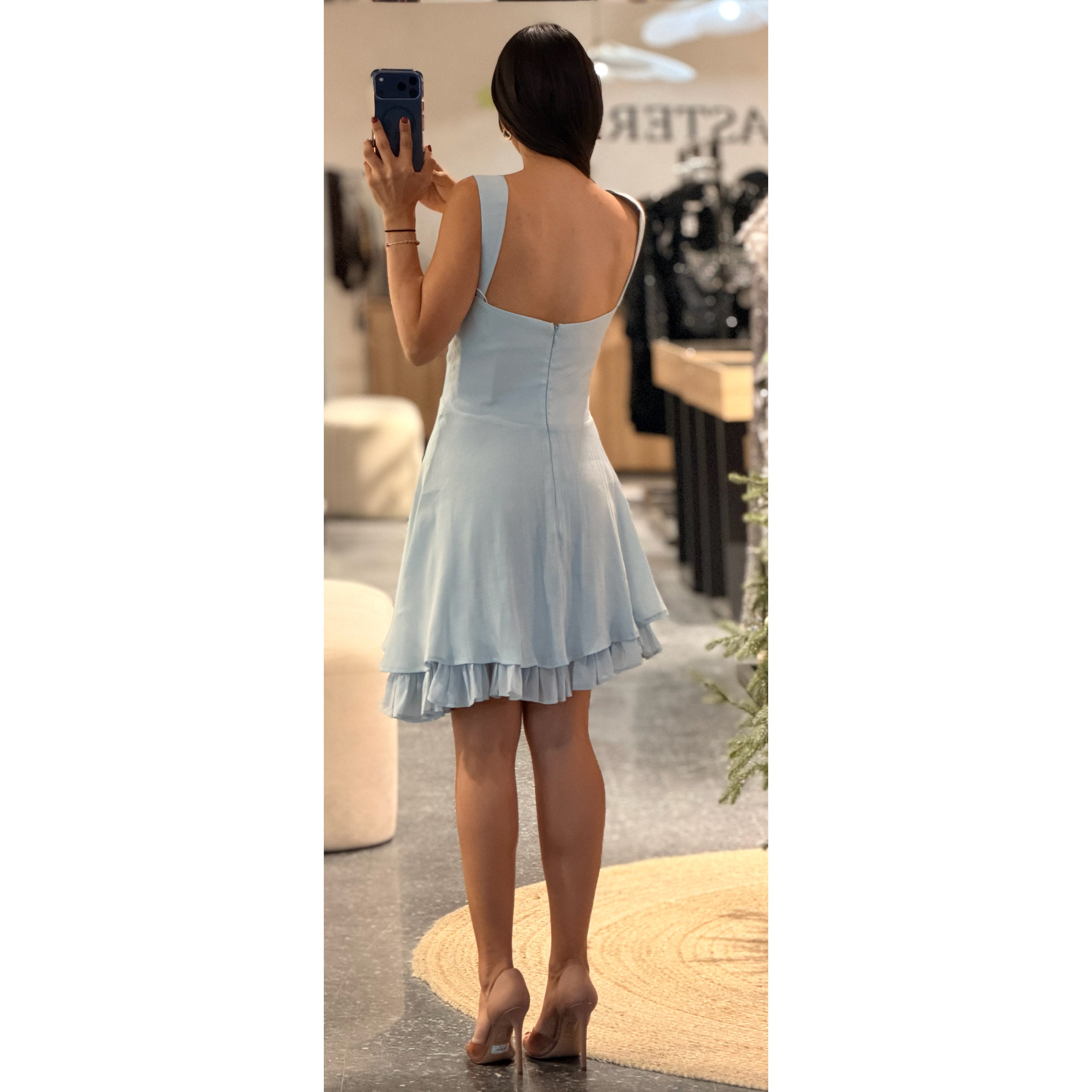 Yaffa Baby Blue Asymmetrical Mini Dress•-3