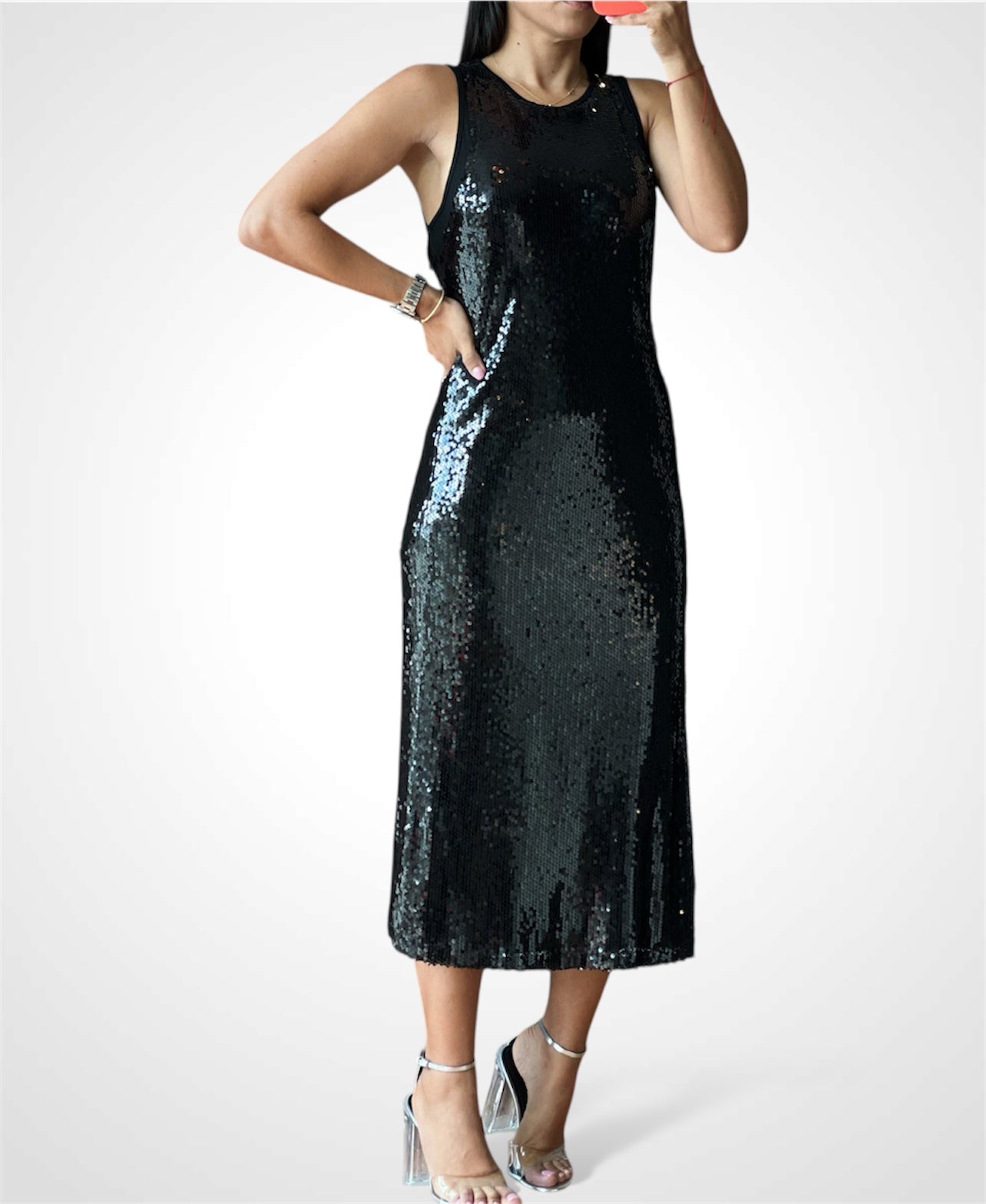 SEQUIN SLEVELESS LINED MIDI DRESS