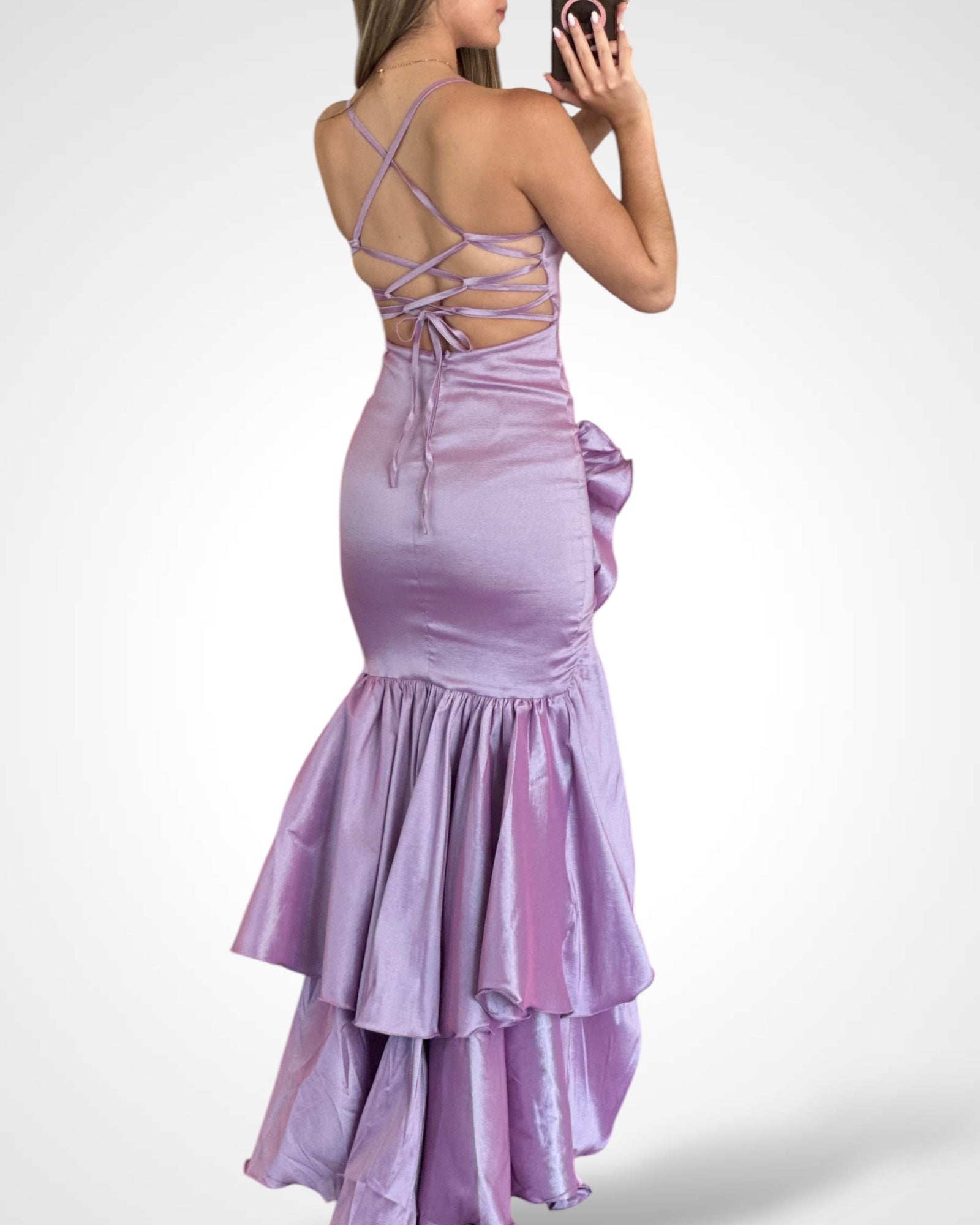 TAFFETA LAYERED RUFFLE MAXI DRESS