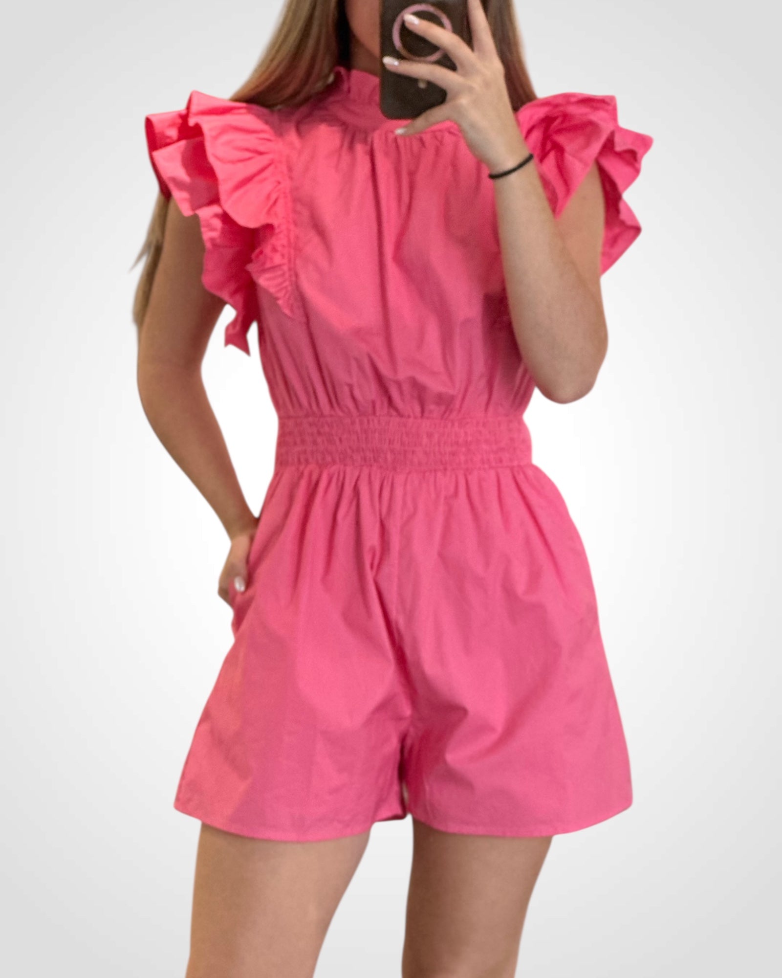 RUFFLE SLEEVE MOCK NECK SMOCK WAIST ROMPER (Pink)
