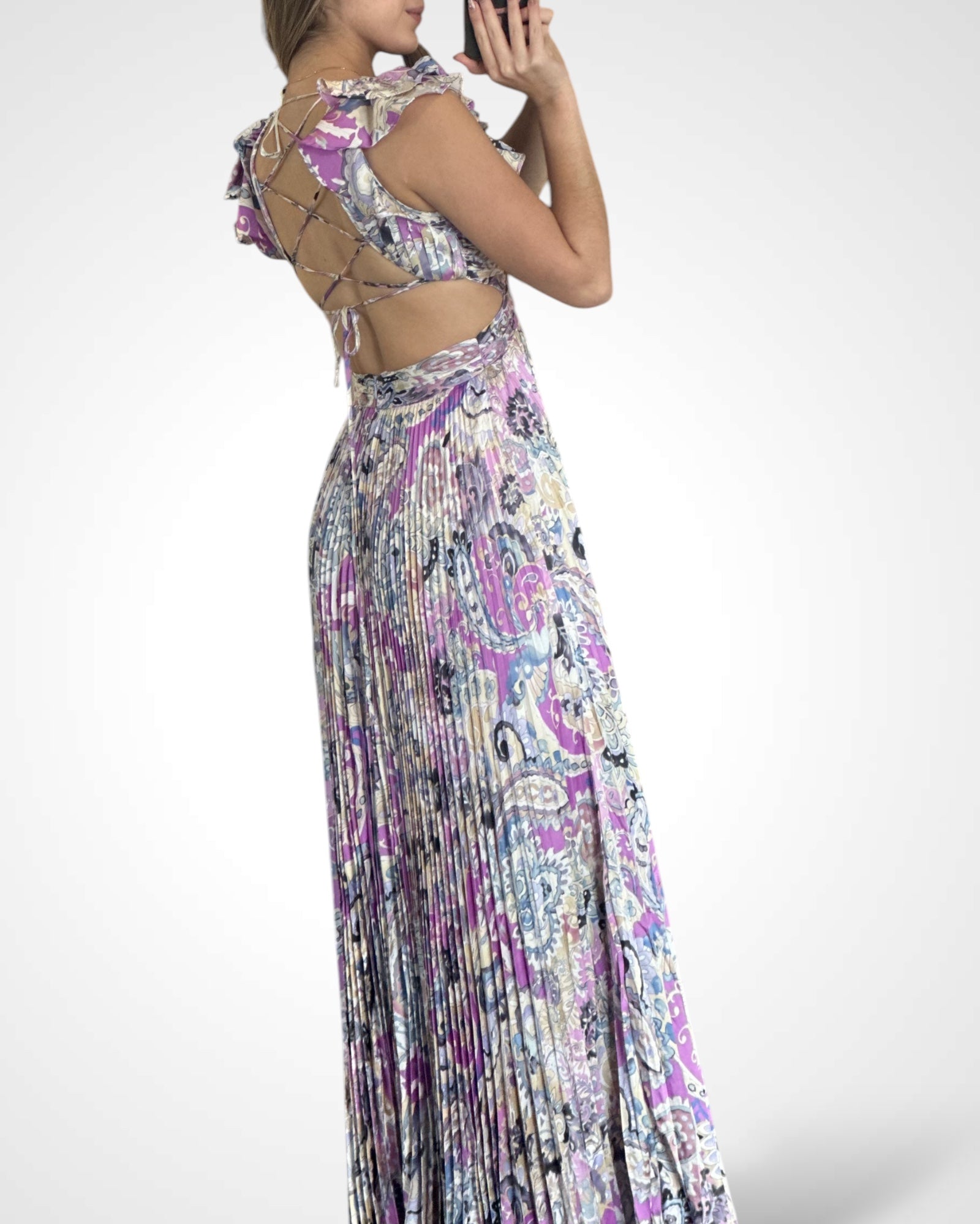Paisley Print Satin Pleated Maxi Dress