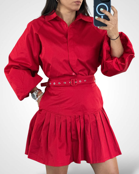 BUBBLE SLEEVE SHIRTS AND PLEATED SKIRT SET