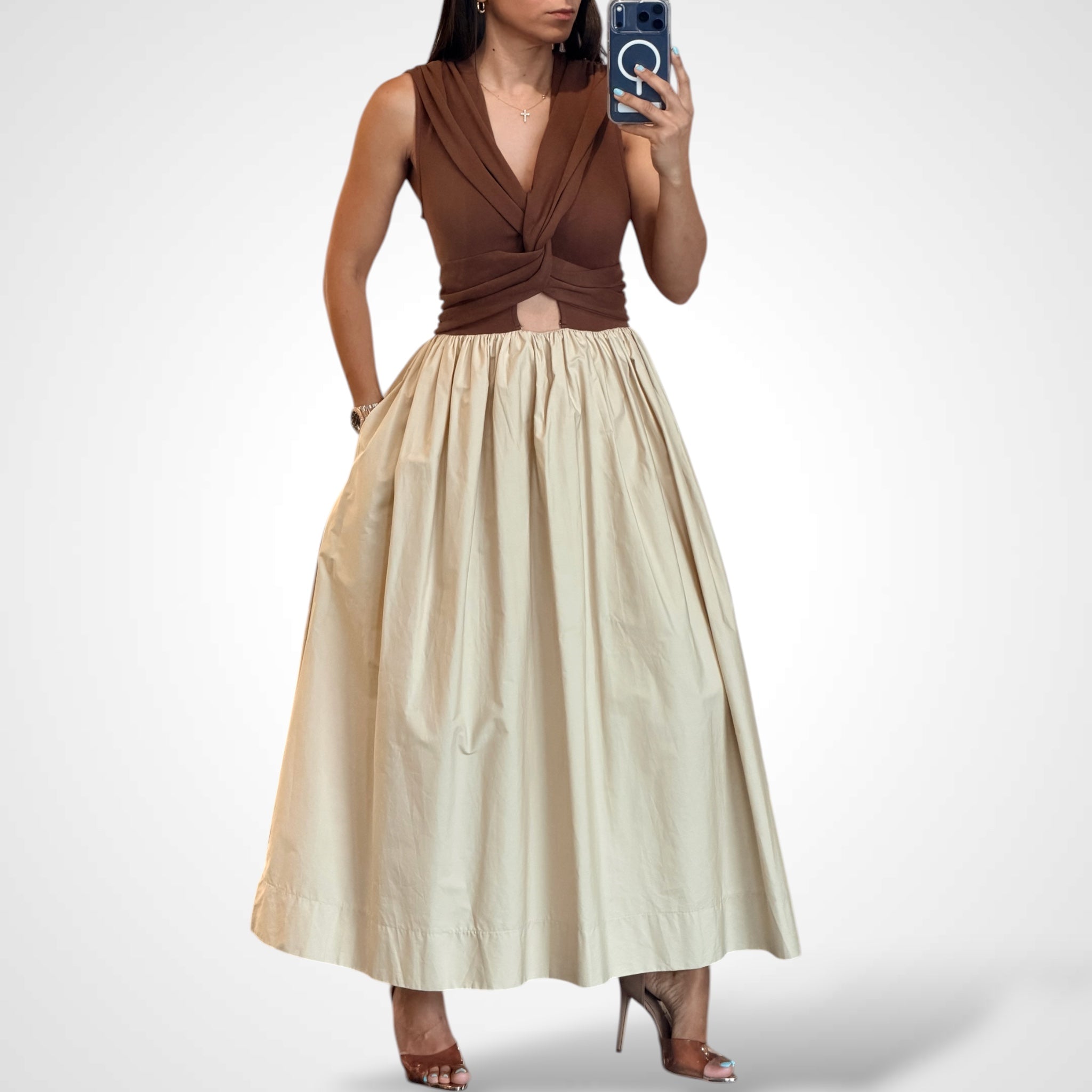 Brown Multi Solid Midi Dress
