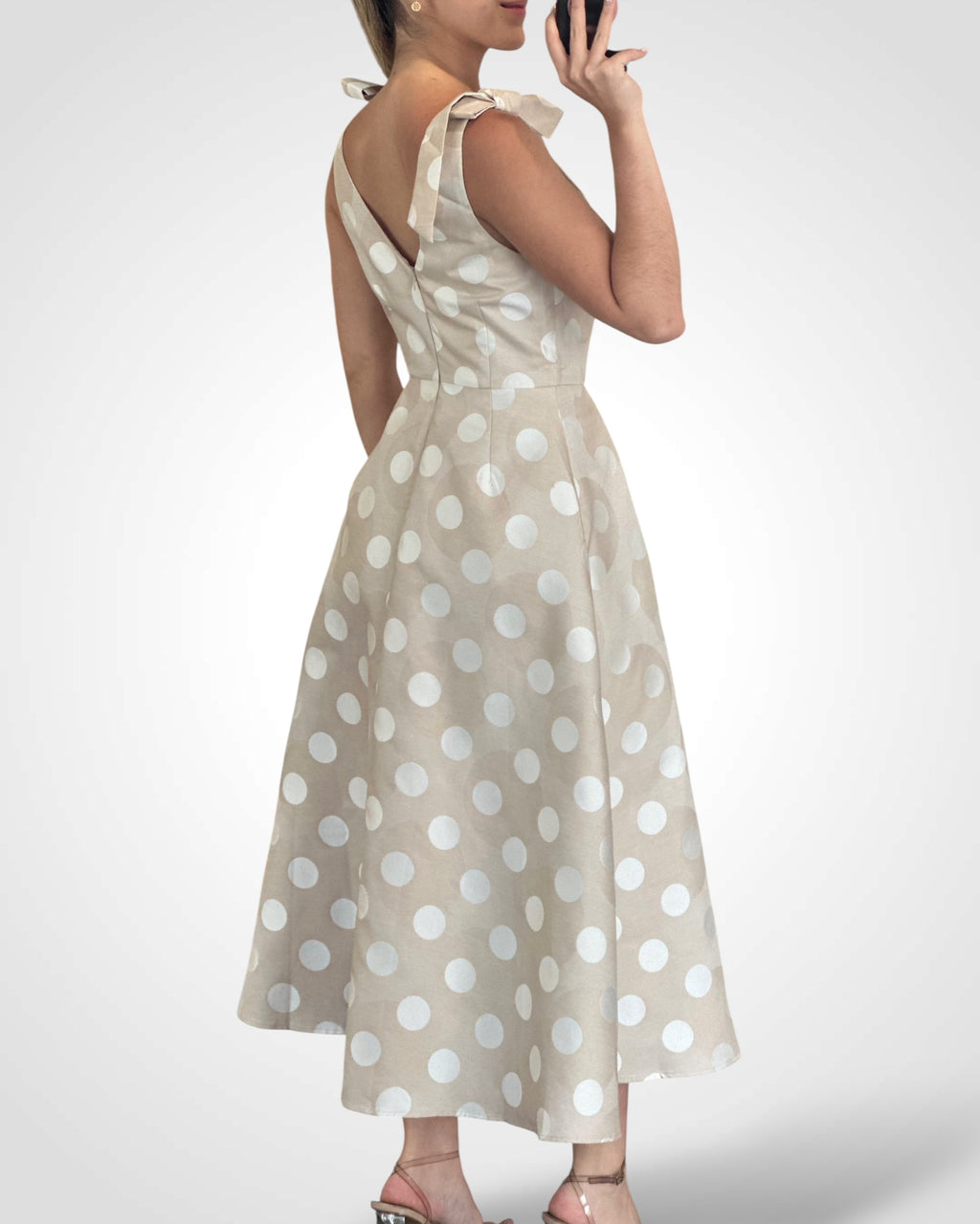 SLEEVELESS POLKA DOT FLARED MIDI DRESS WITH SHOULDER RIBBON