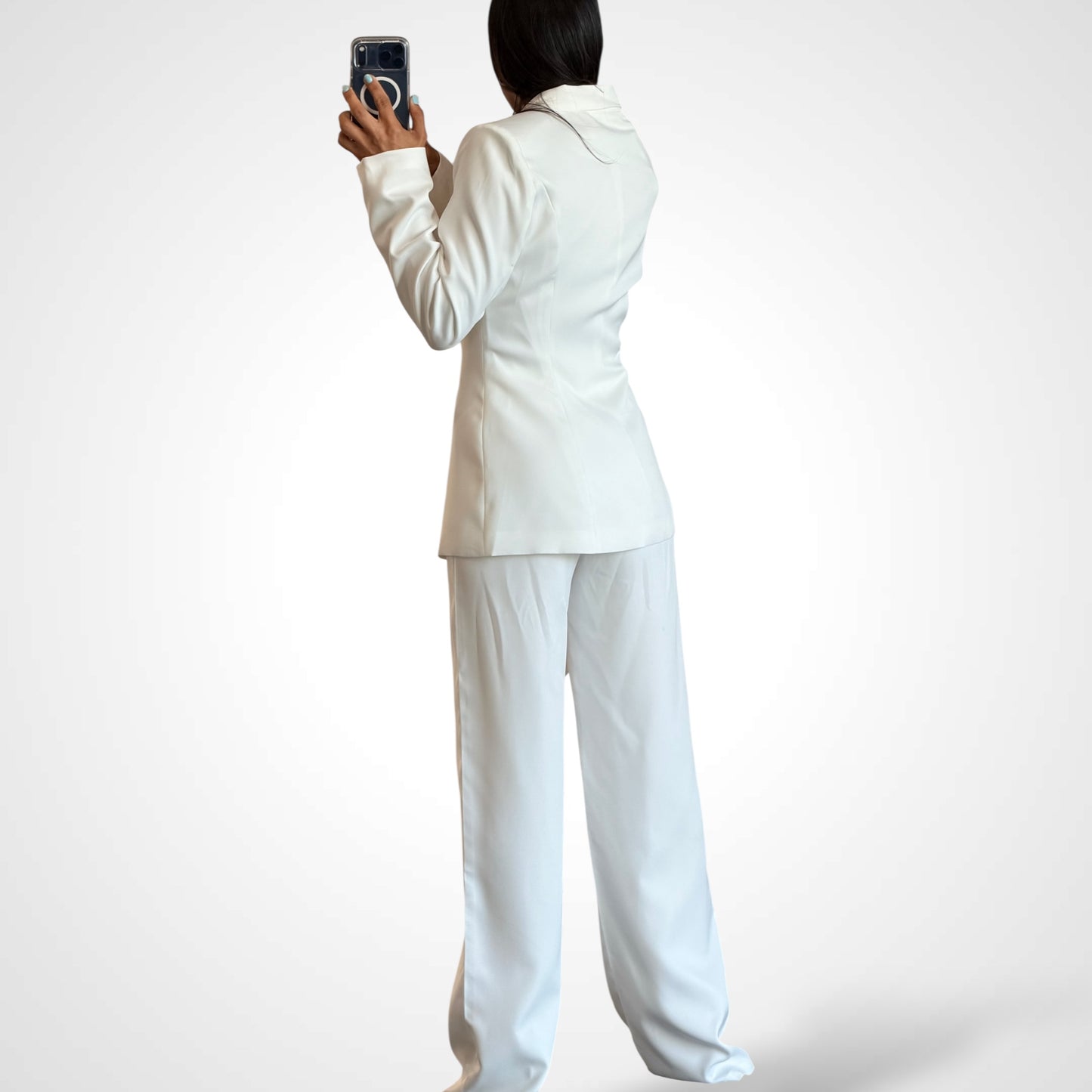 Off White Blazer Set With Satin Tied Waist