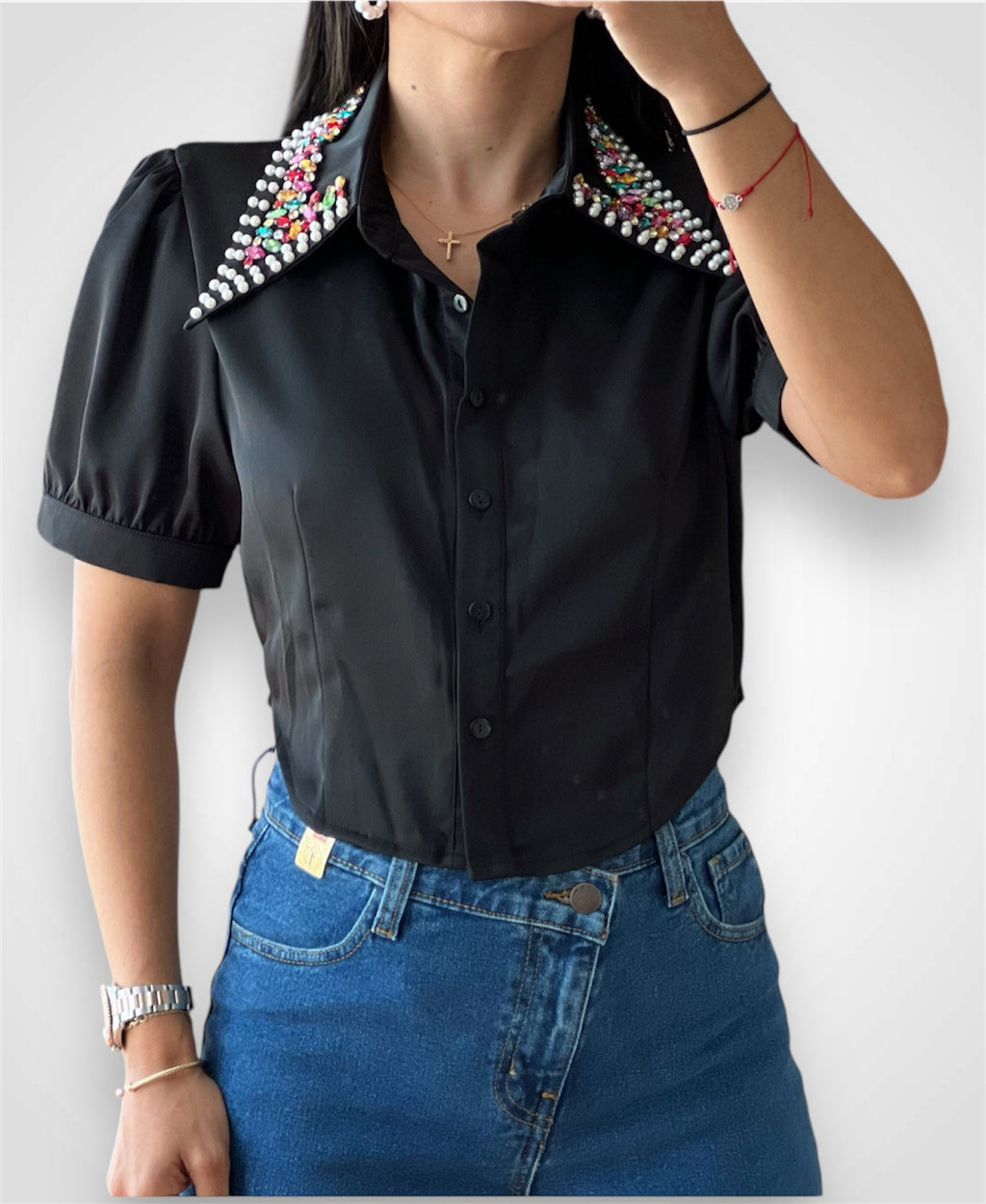 Rhinestone Collar Crop Polo
