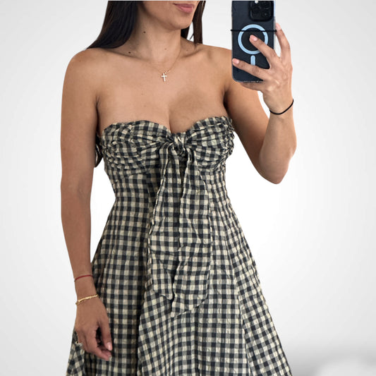 Vintage Checker Open Back Band Long Midi Dress
