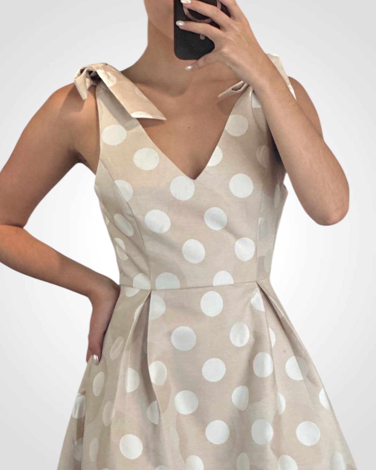 SLEEVELESS POLKA DOT FLARED MIDI DRESS WITH SHOULDER RIBBON