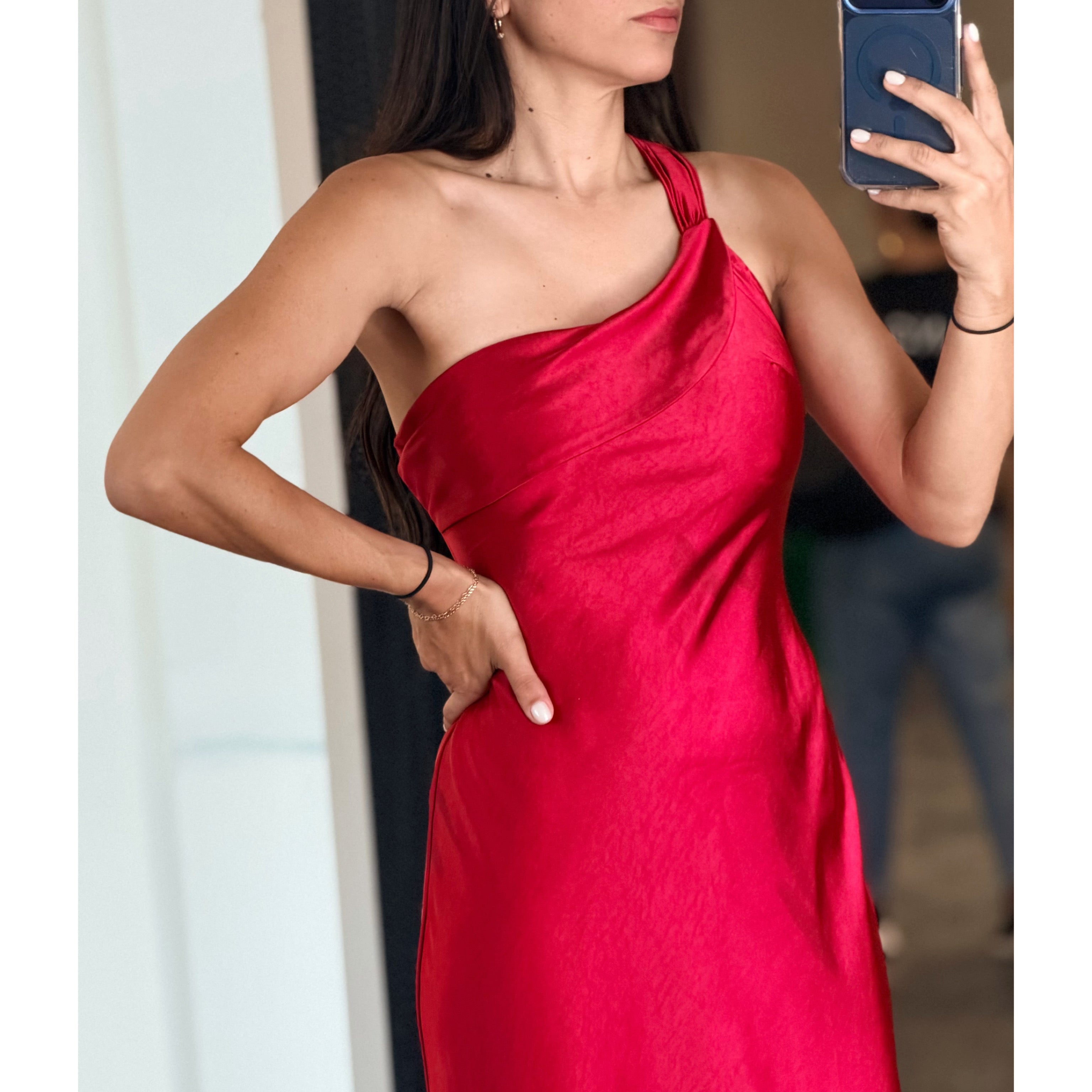 One Shoulder Satin Maxi Dress•-2