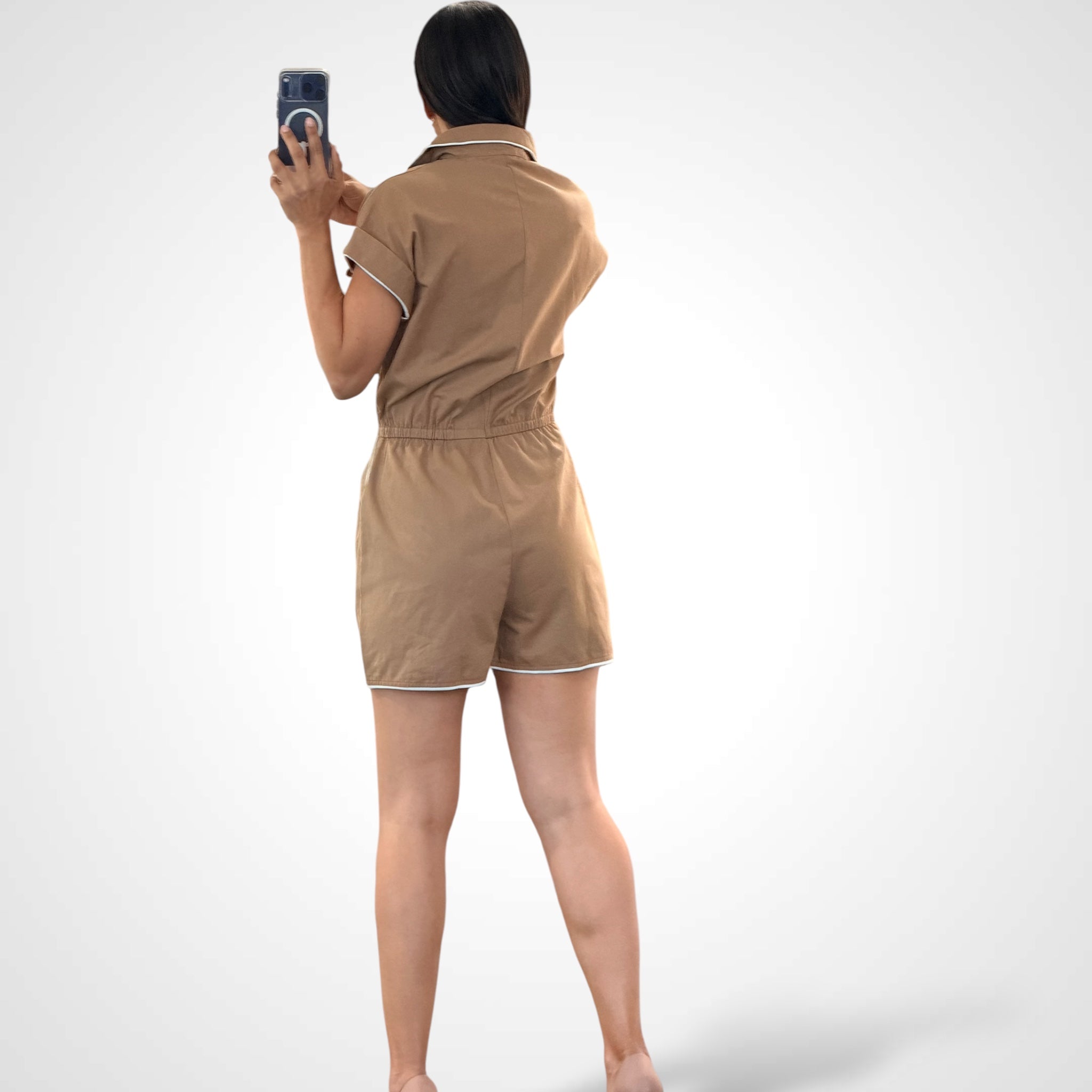 Contrast Piping Button Down Woven Romper•-3
