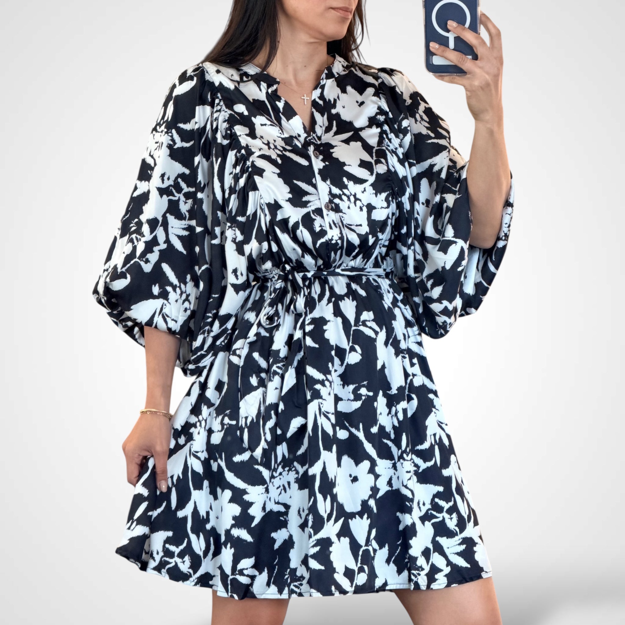 Dolman Sleeve Satin Floral Print Dress With Waist•