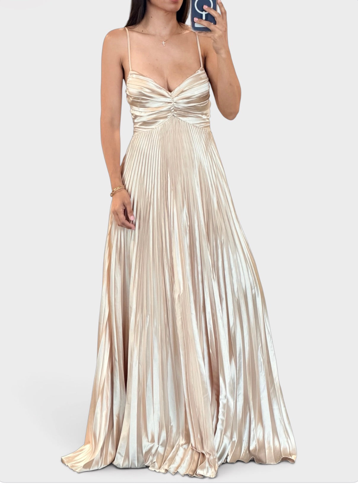 Champagne Thin Adjustable Strap Pleated Maxi Dress