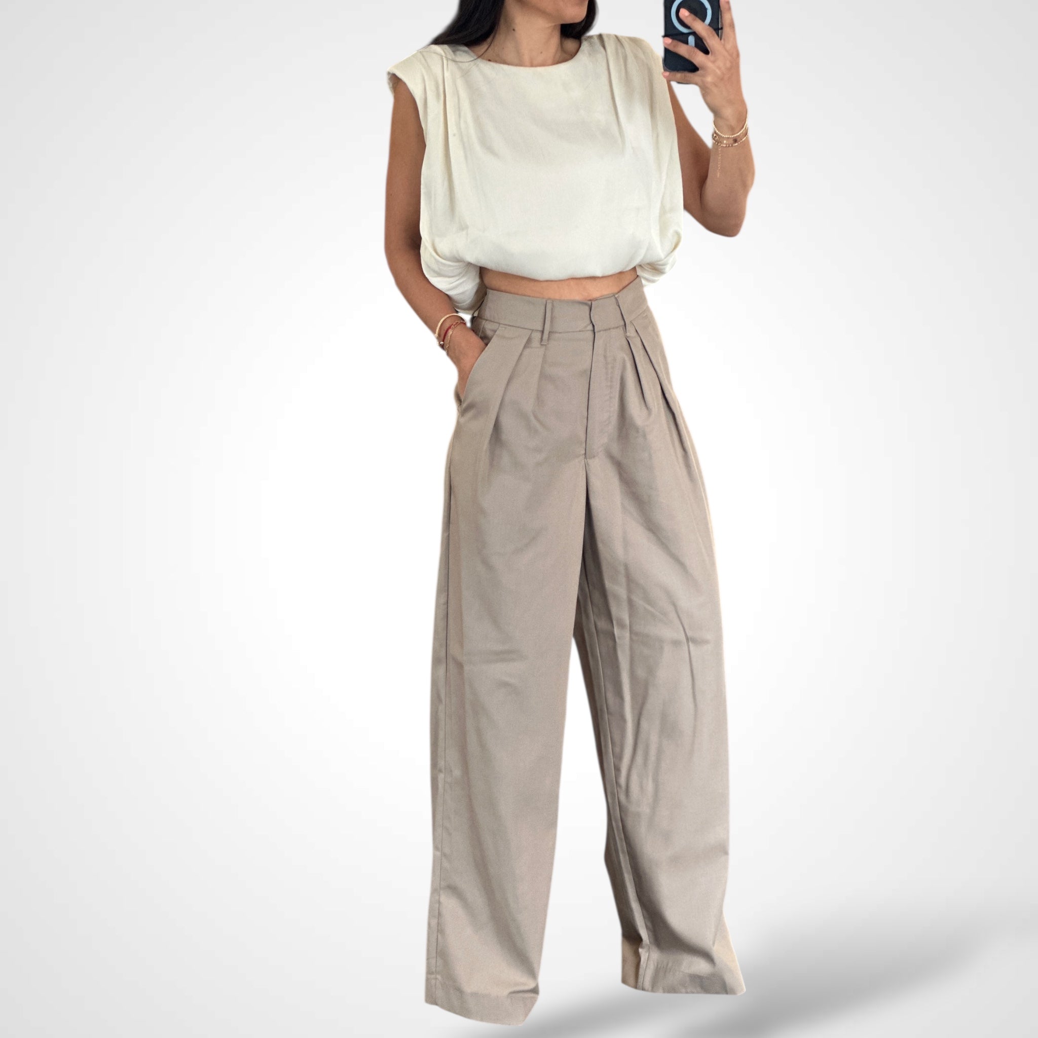 KHAKI MID-RISE PINTUCK SUIT PANTS-2