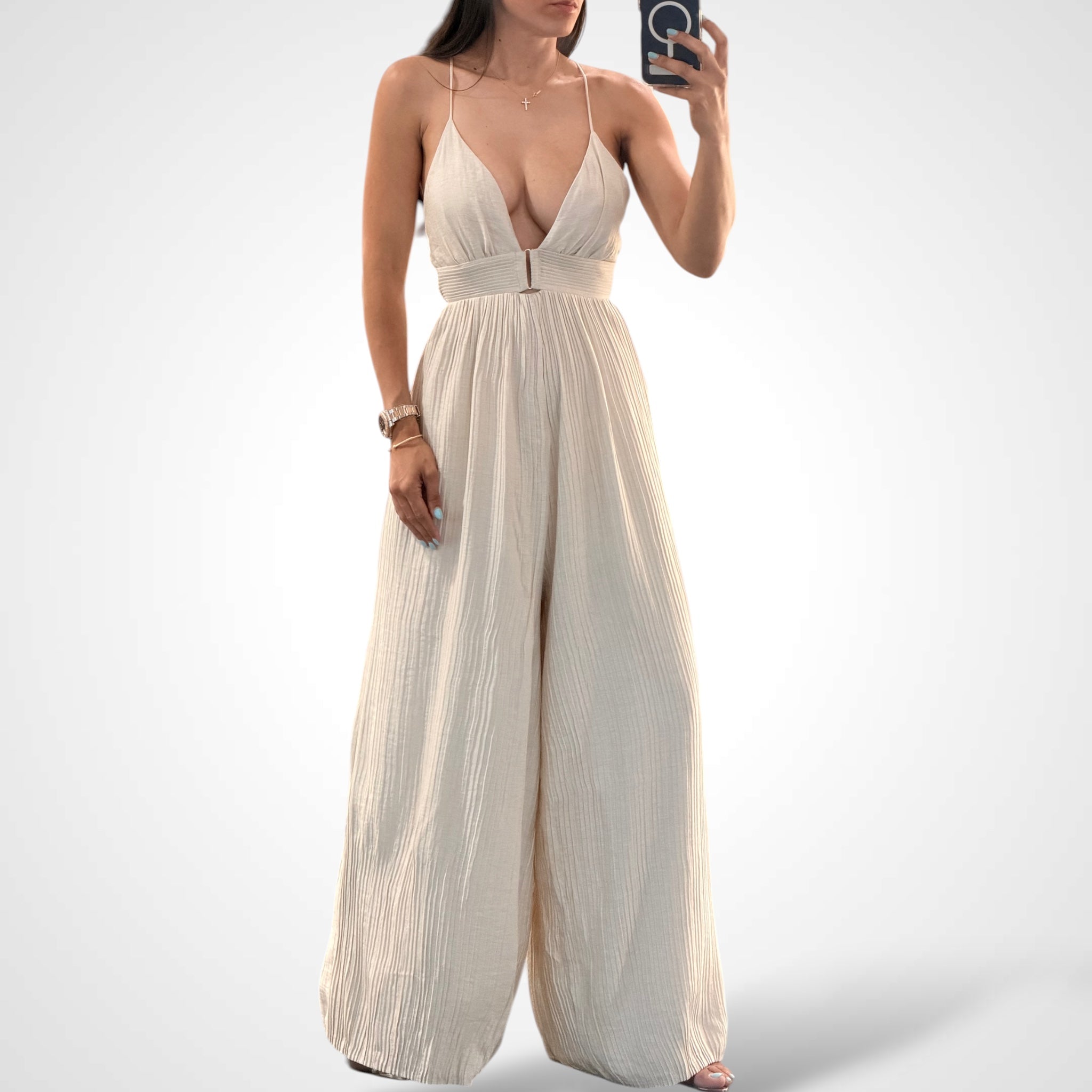 Golden Grace Crisscross Back Maxi Jumpsuit•-1