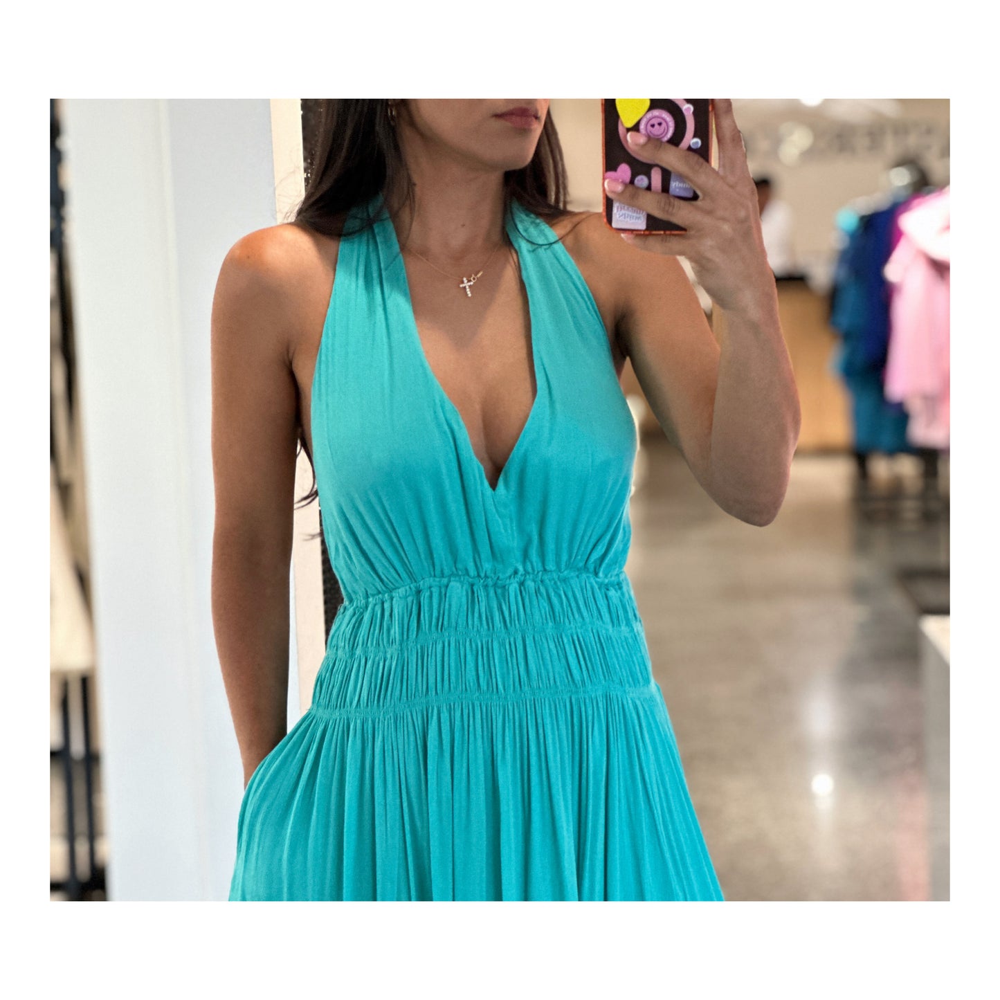 OCEAN BLUE CRINKLED RUFFLE HALTER DRESS