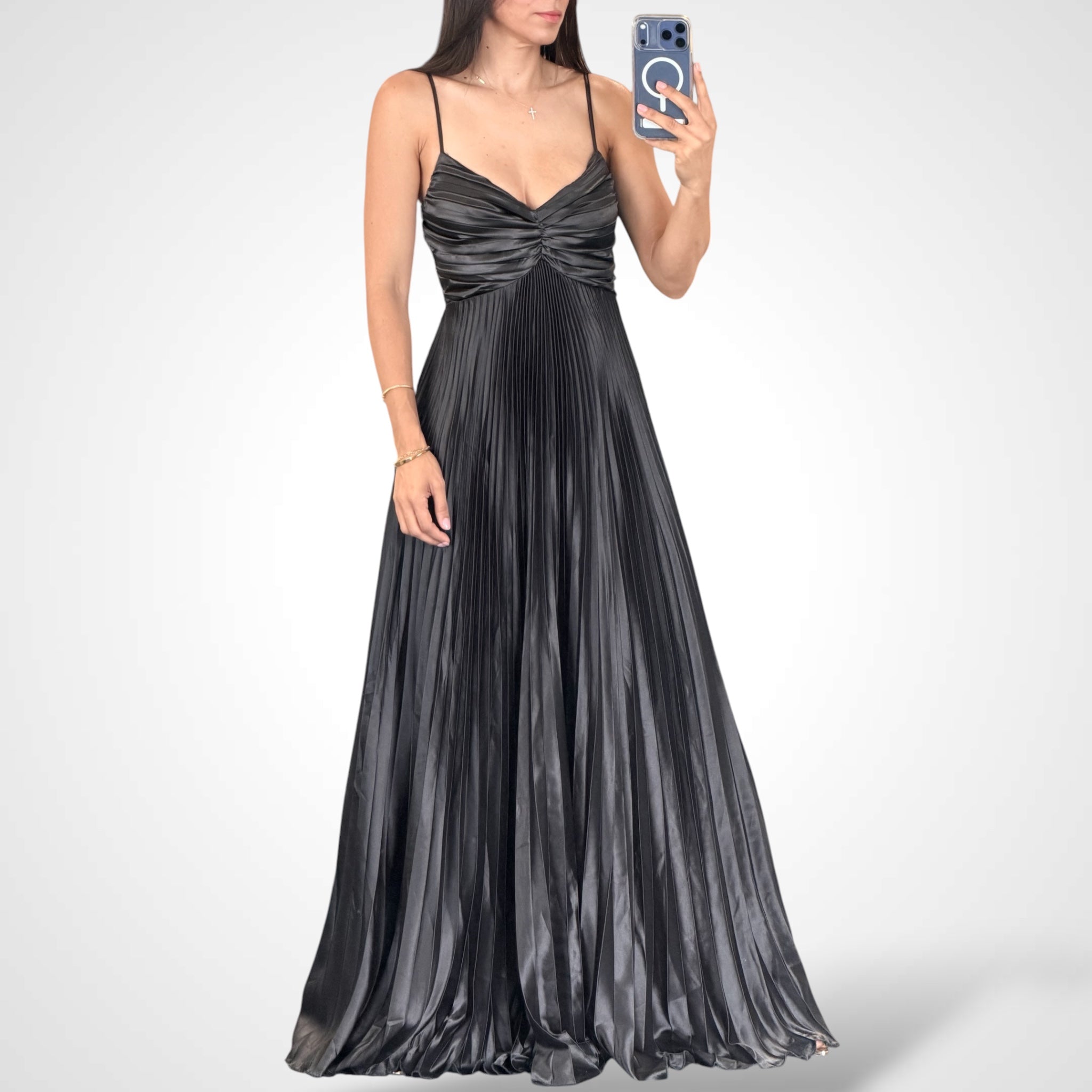Black Thin Adjustable Strap Pleated Maxi Dress-1