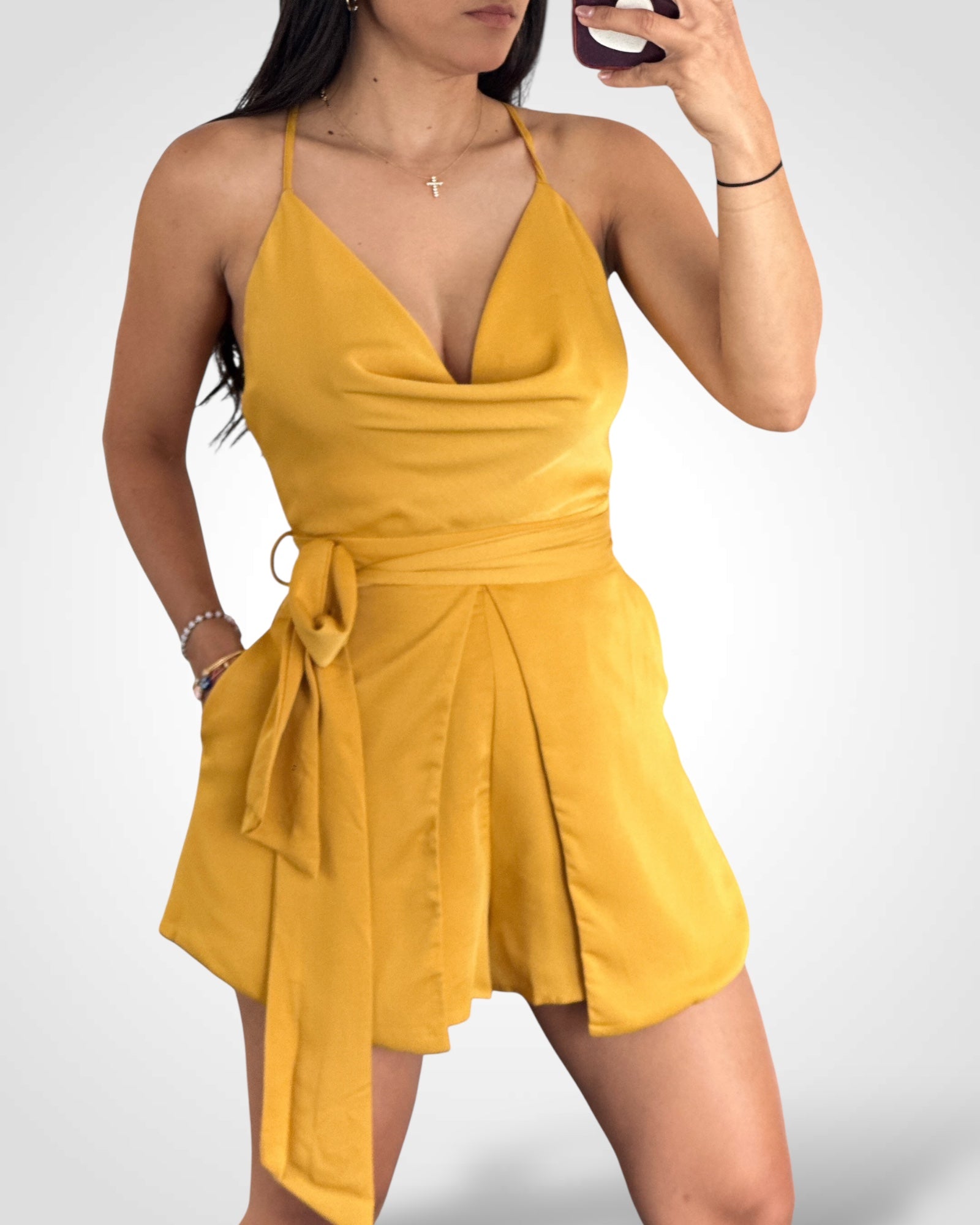 Yellow Cross Back Satin Romper•