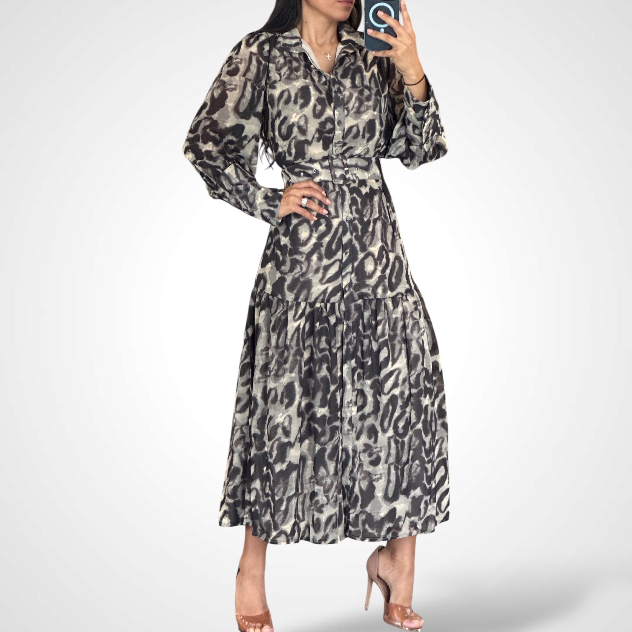 LEOPARD PRINT CHIFFON BELTED MIDI DRESS•