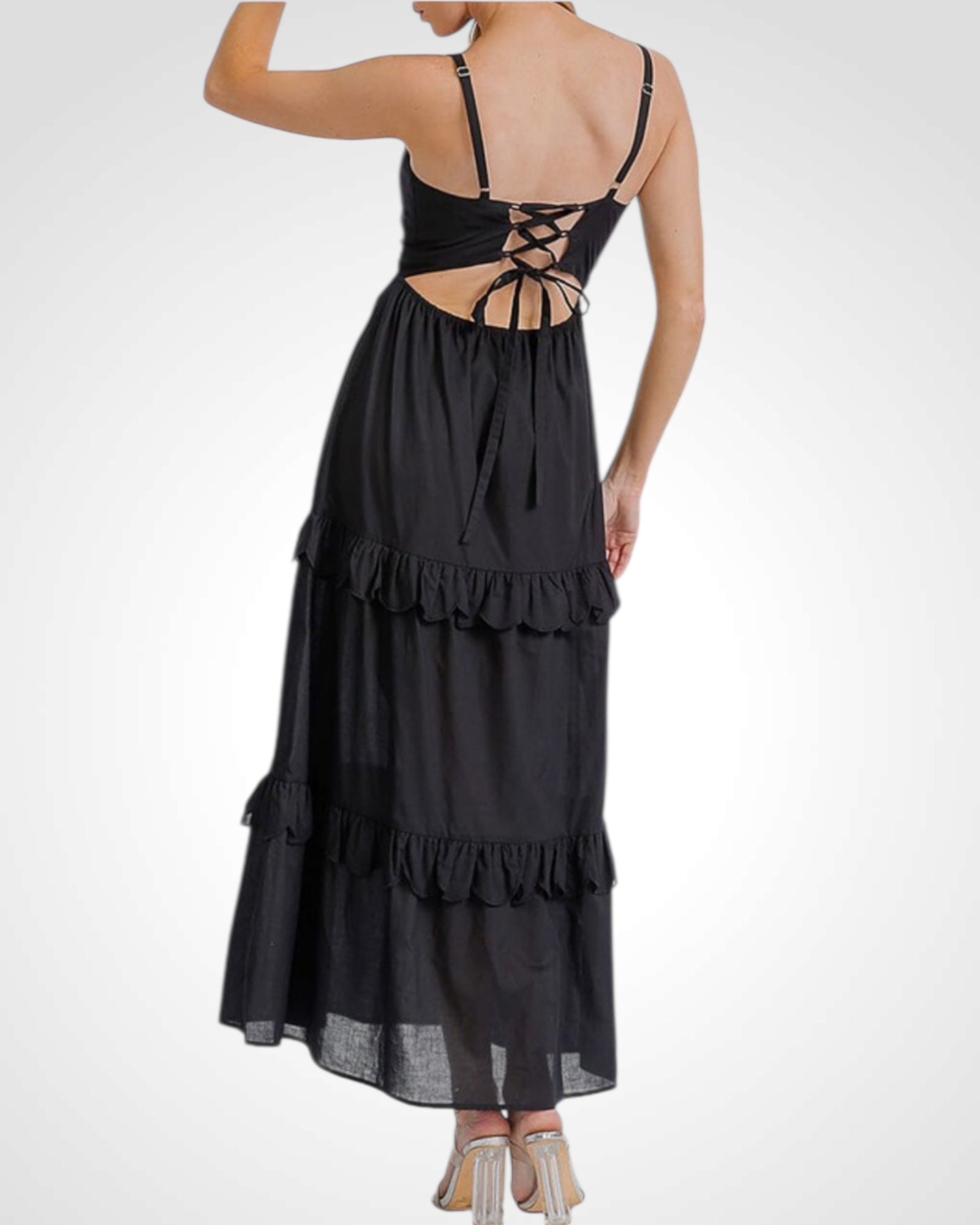 Button Detailed Tiered Ruffle Open Back Maxi Dress-4