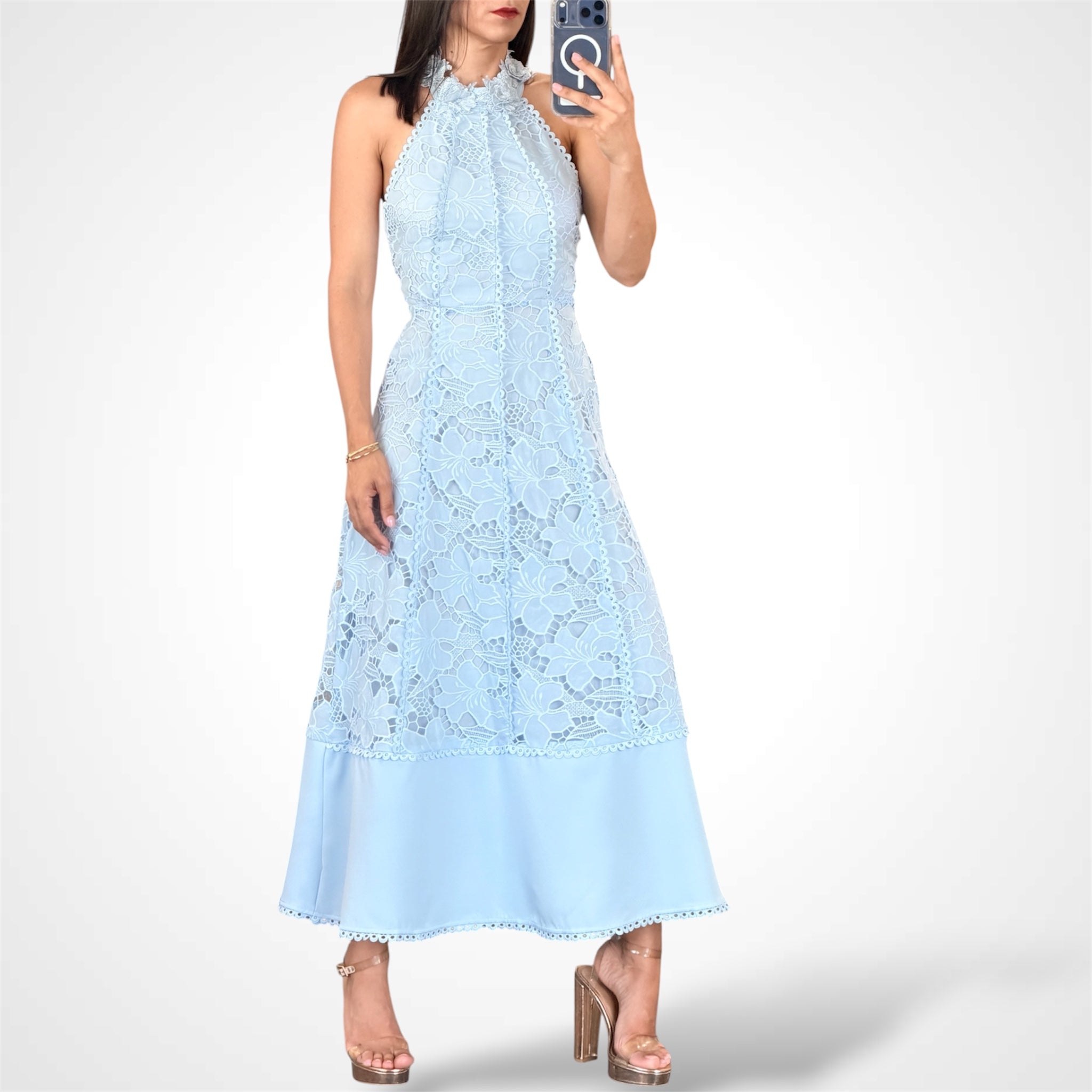High Neck Lace Midi Dress