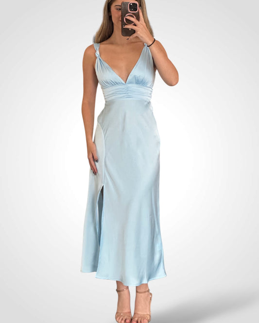Satin Cami Pleated V-neck Maxi Dress