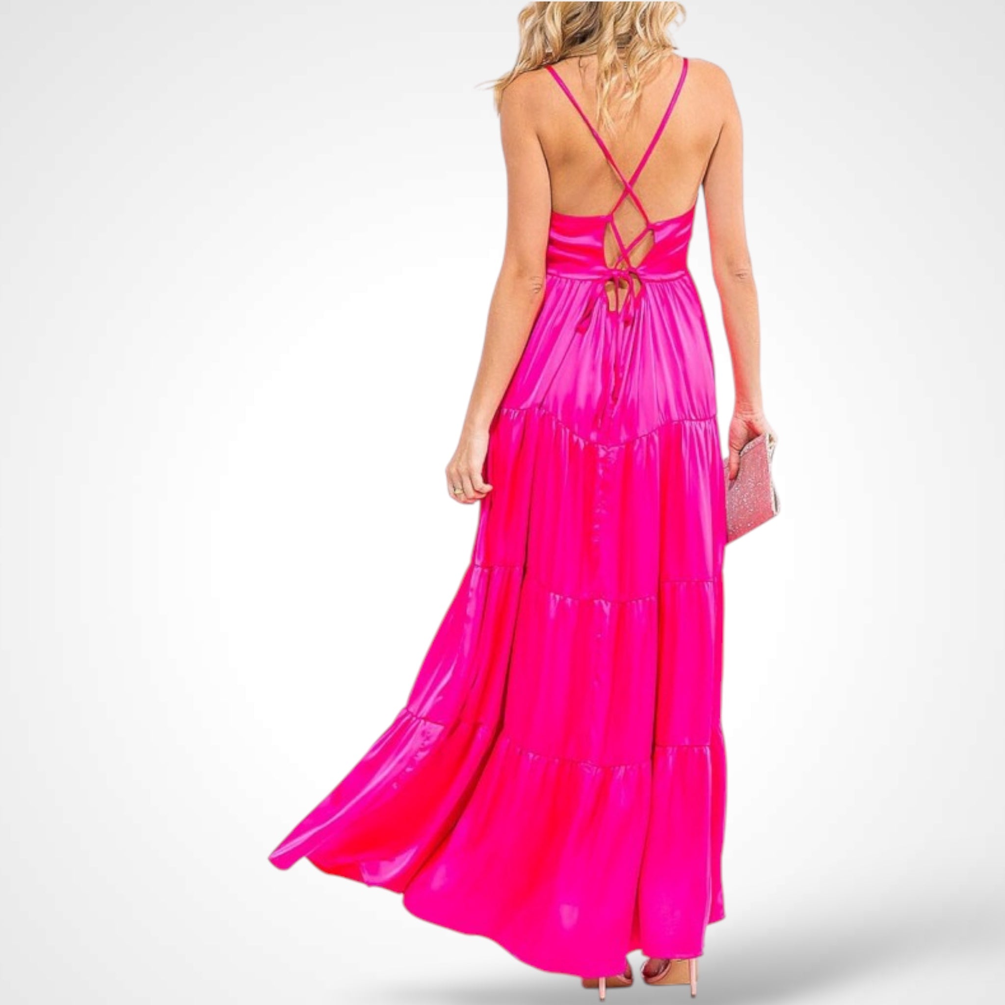 Fuchsia Sleeveless V-neck Open Back Tiered Maxi Dress•-2