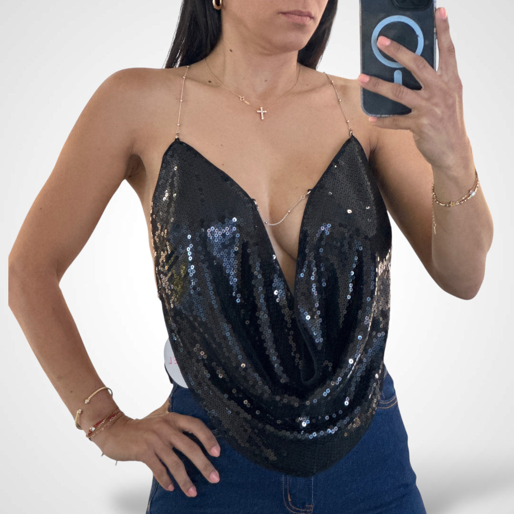 BLACK SEQUIN CHAIN COWL TOP