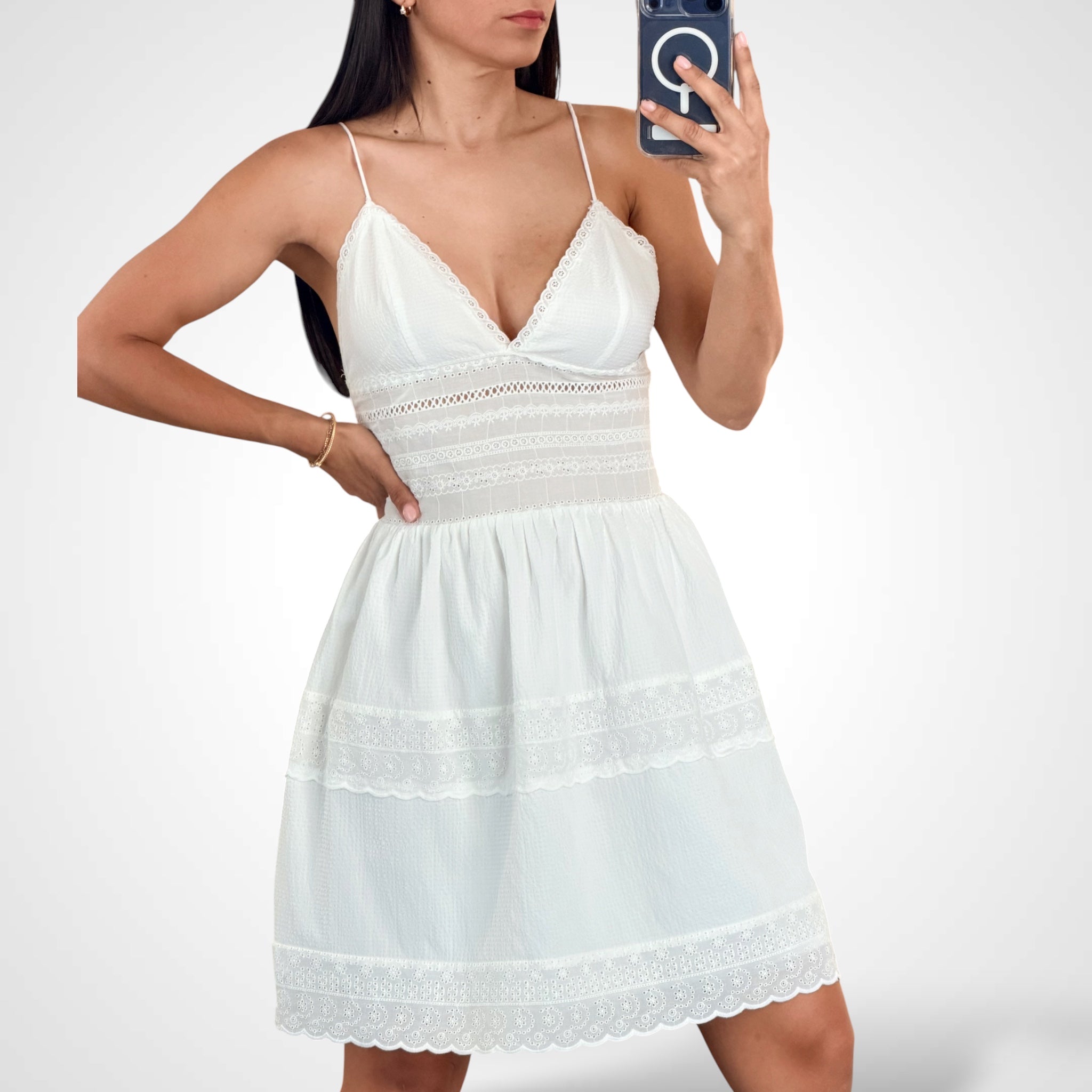 Sleeveless V-neck Open Back Smock Eyelet Lace Mini Dress-2