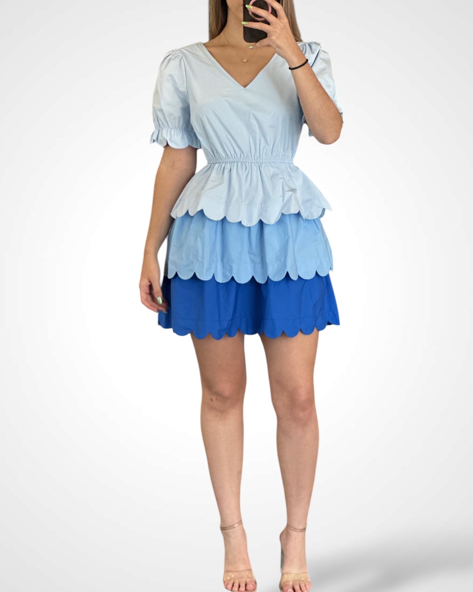 COLORBLOCK V NECK SCALLOPED FLARE MINI DRESS