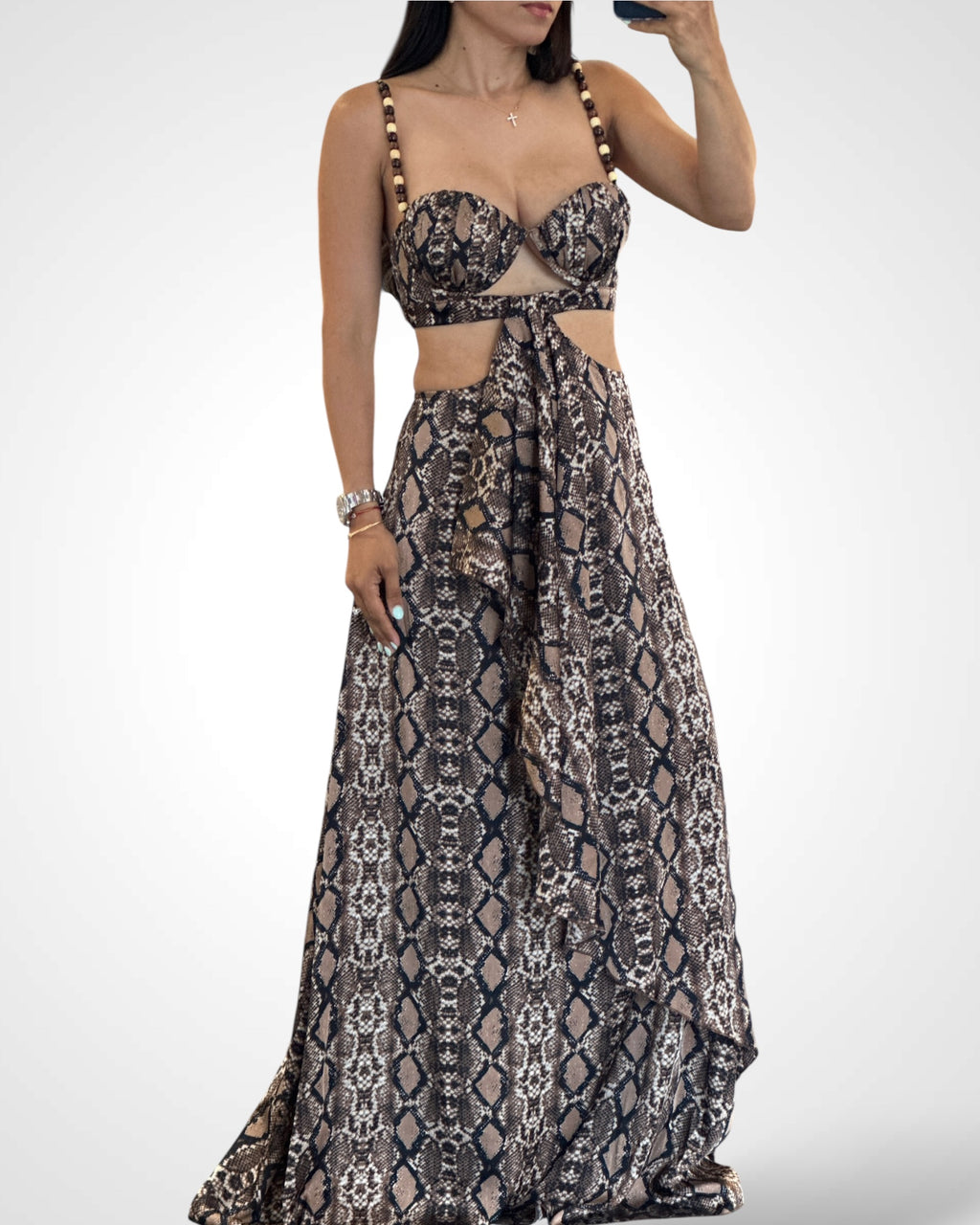 SJQ-Wood Bead Python Cutout Maxi Dress