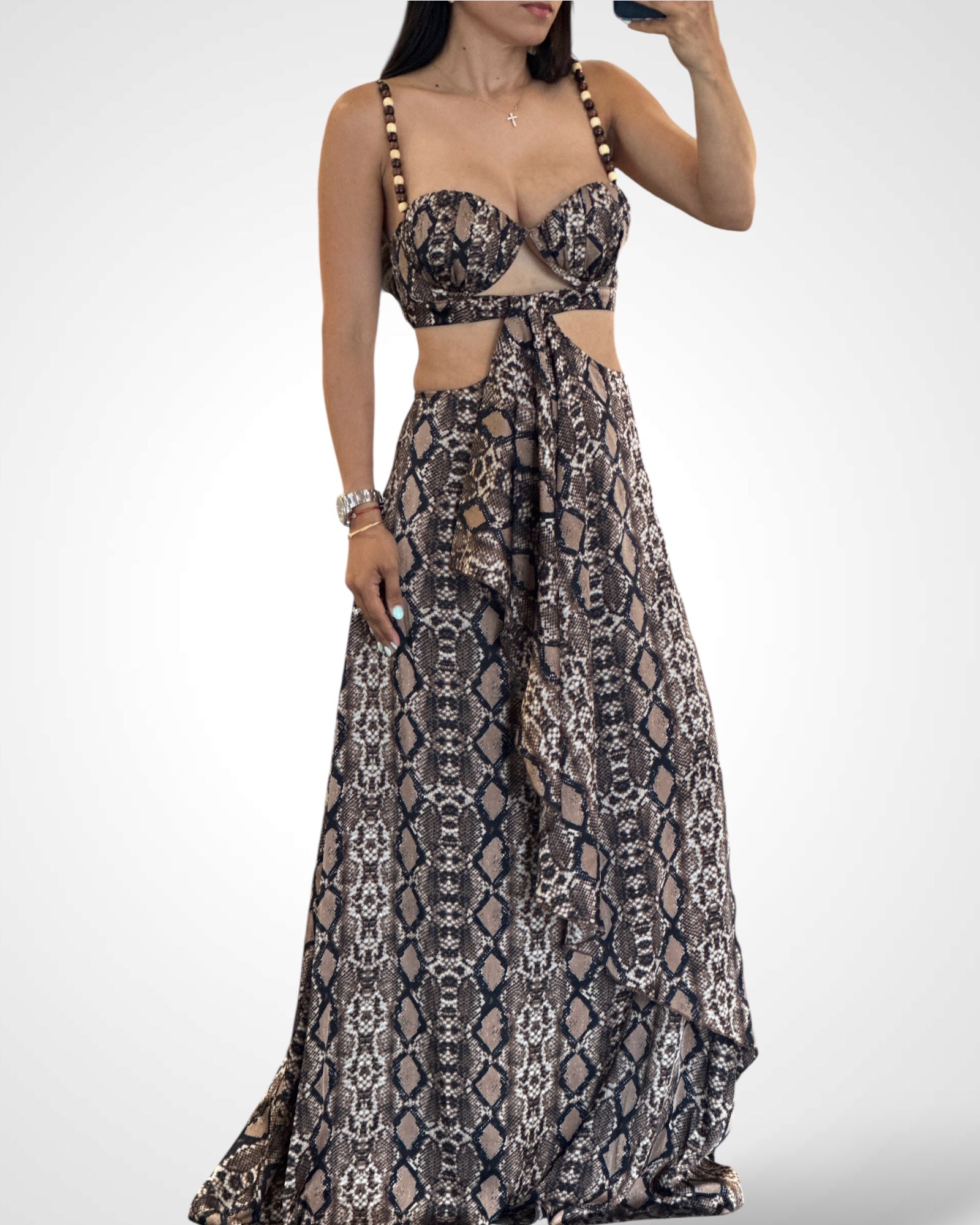 SJQ-Wood Bead Python Cutout Maxi Dress