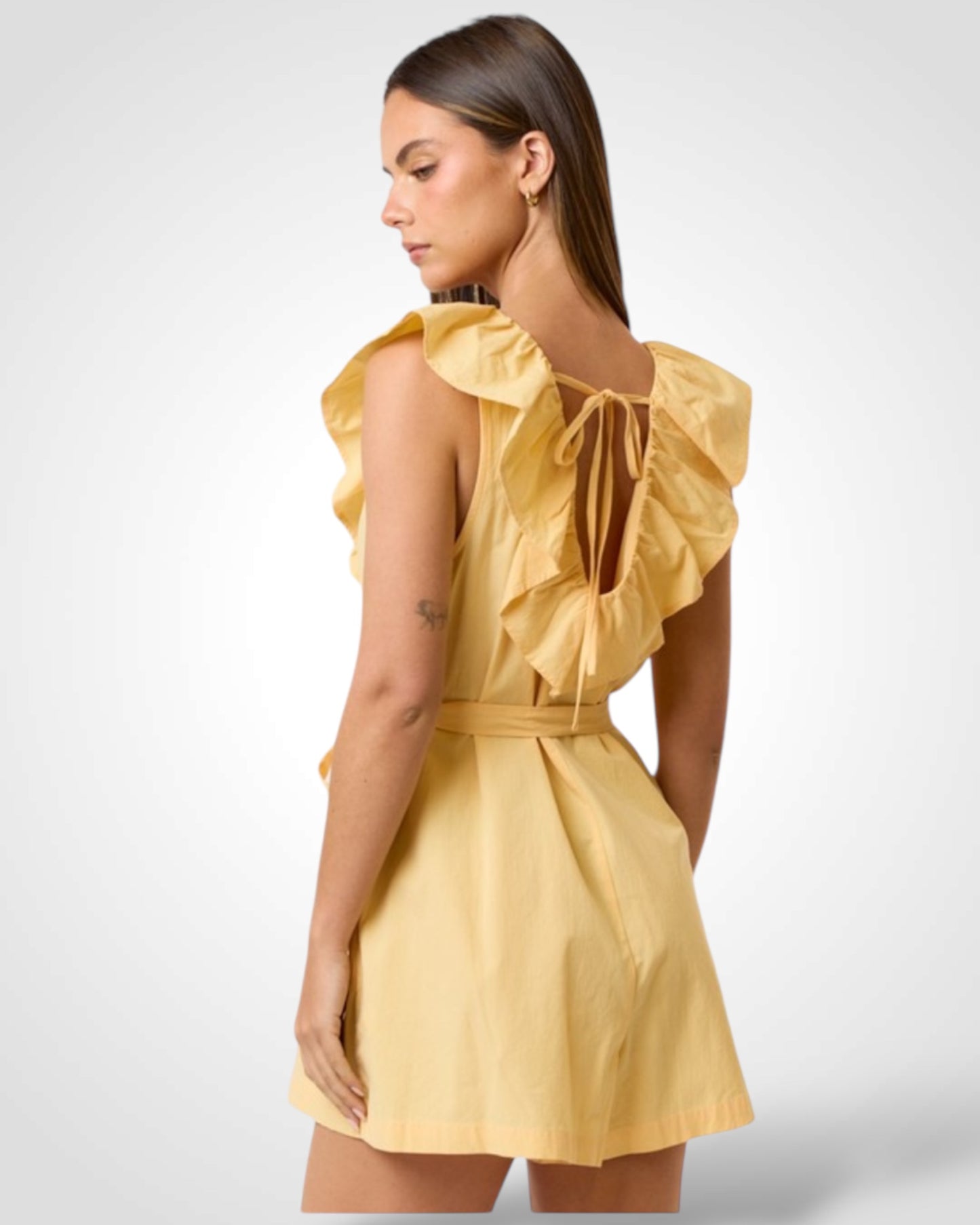 RUFFLE DETAIL BACK TIE ROMPER W/ WAIST TIE