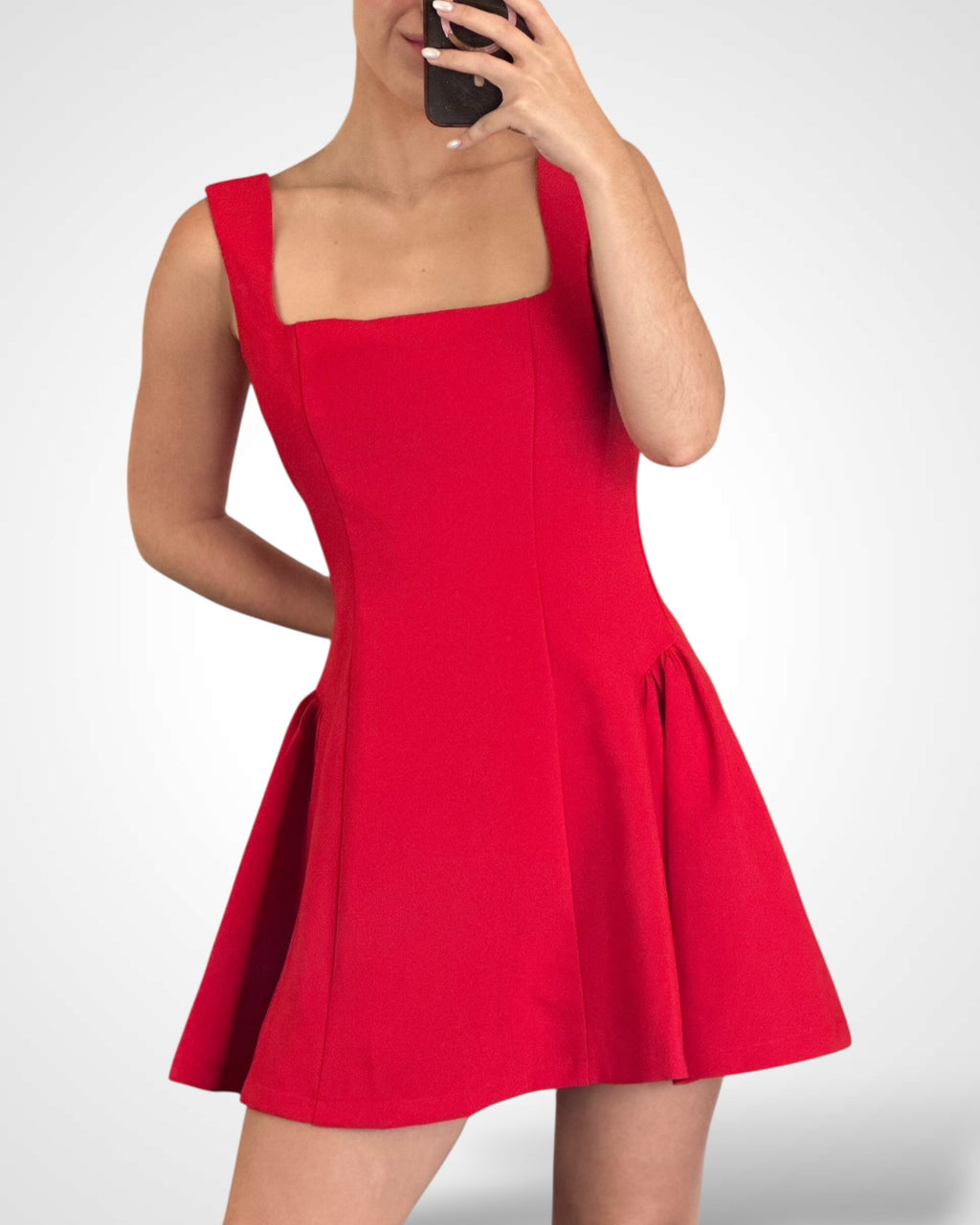 SJQ-Red Square Neck Flare Mini Dress