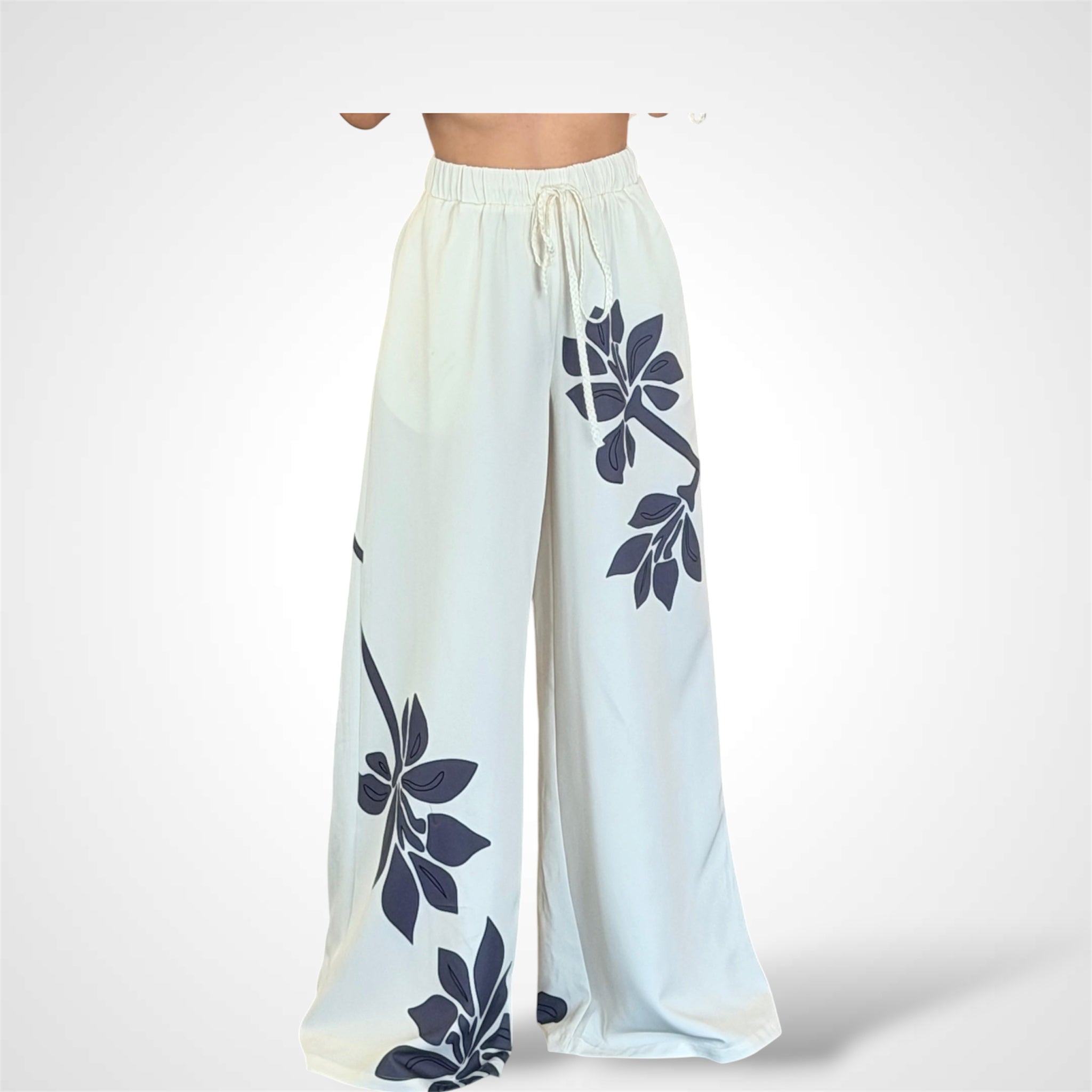 Botanical Print Wrap Vest and Wide Leg Pants Set-3