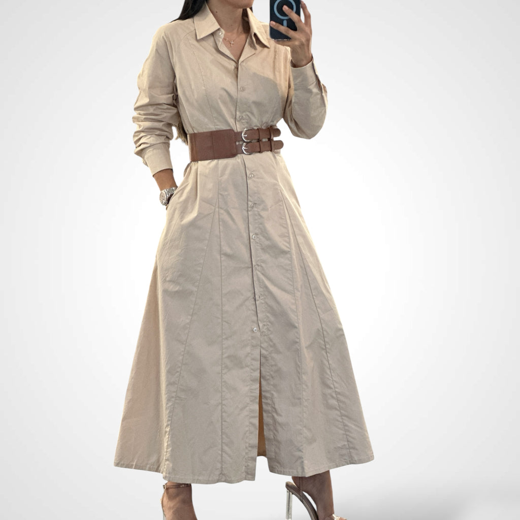 LT.BEIGE LONG SLEEVES SHIRT DRESS WITH FAUX LEATHER WAIST BELT