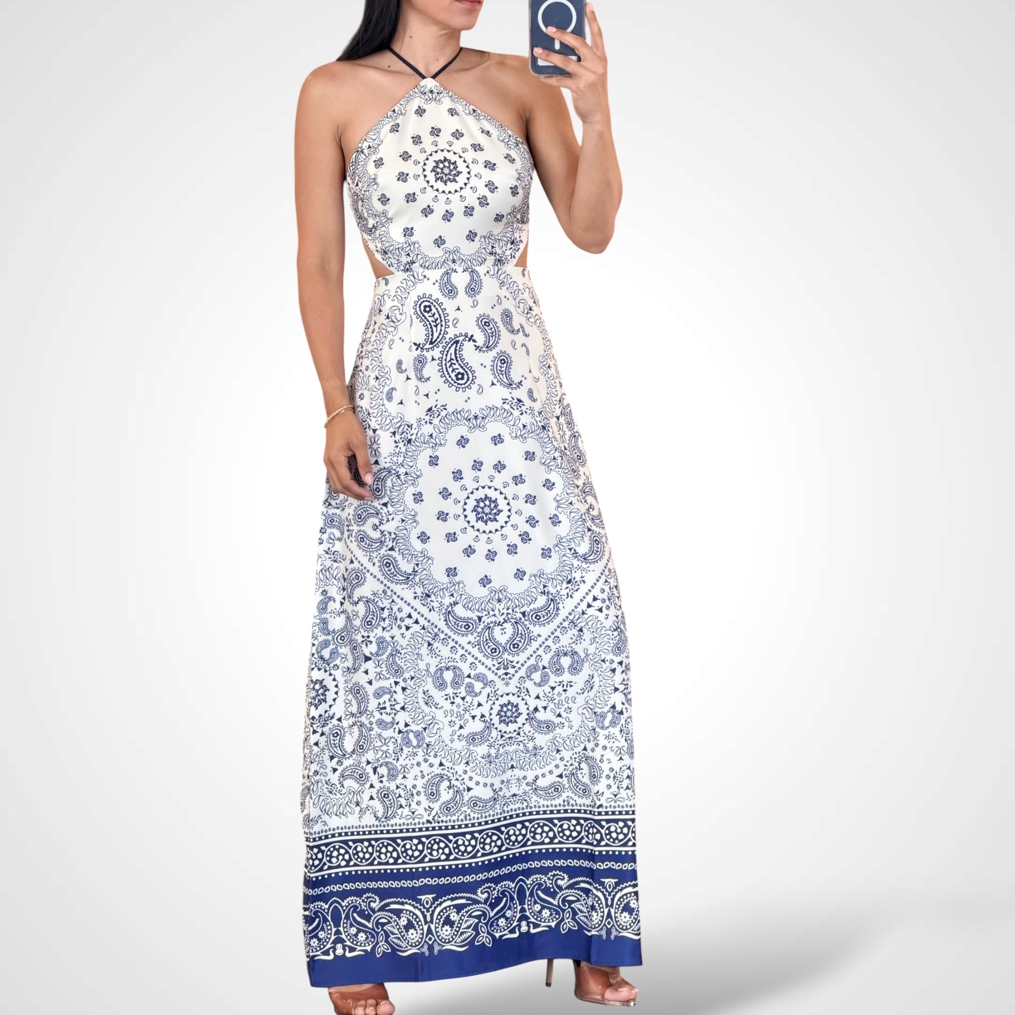 PAISELY PRINTED HALTER NECK MIDI DRESS